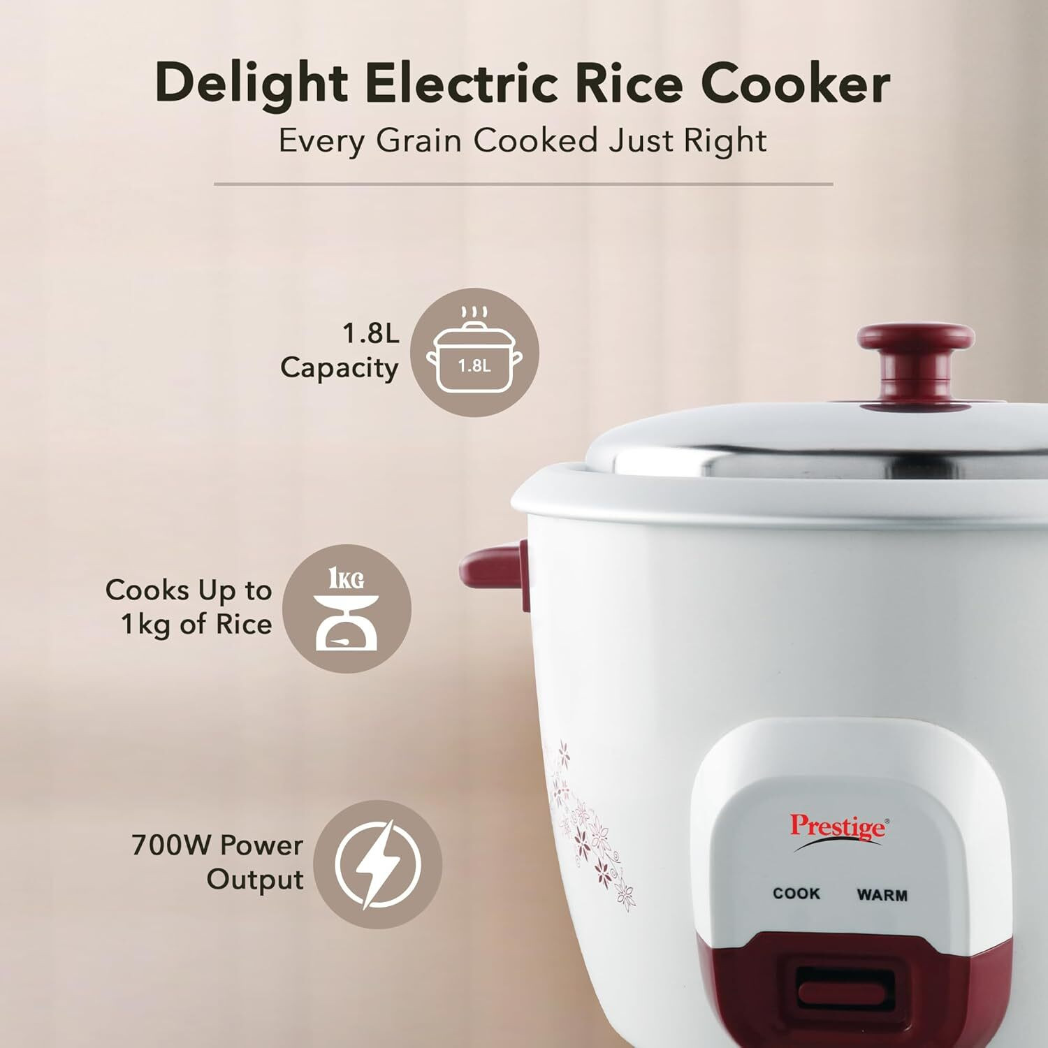 Image of Prestige Delight PRWO 1.8 Red 700W| 1 Aluminium Cooking Pan Electric Rice Cooker with Steaming Feature