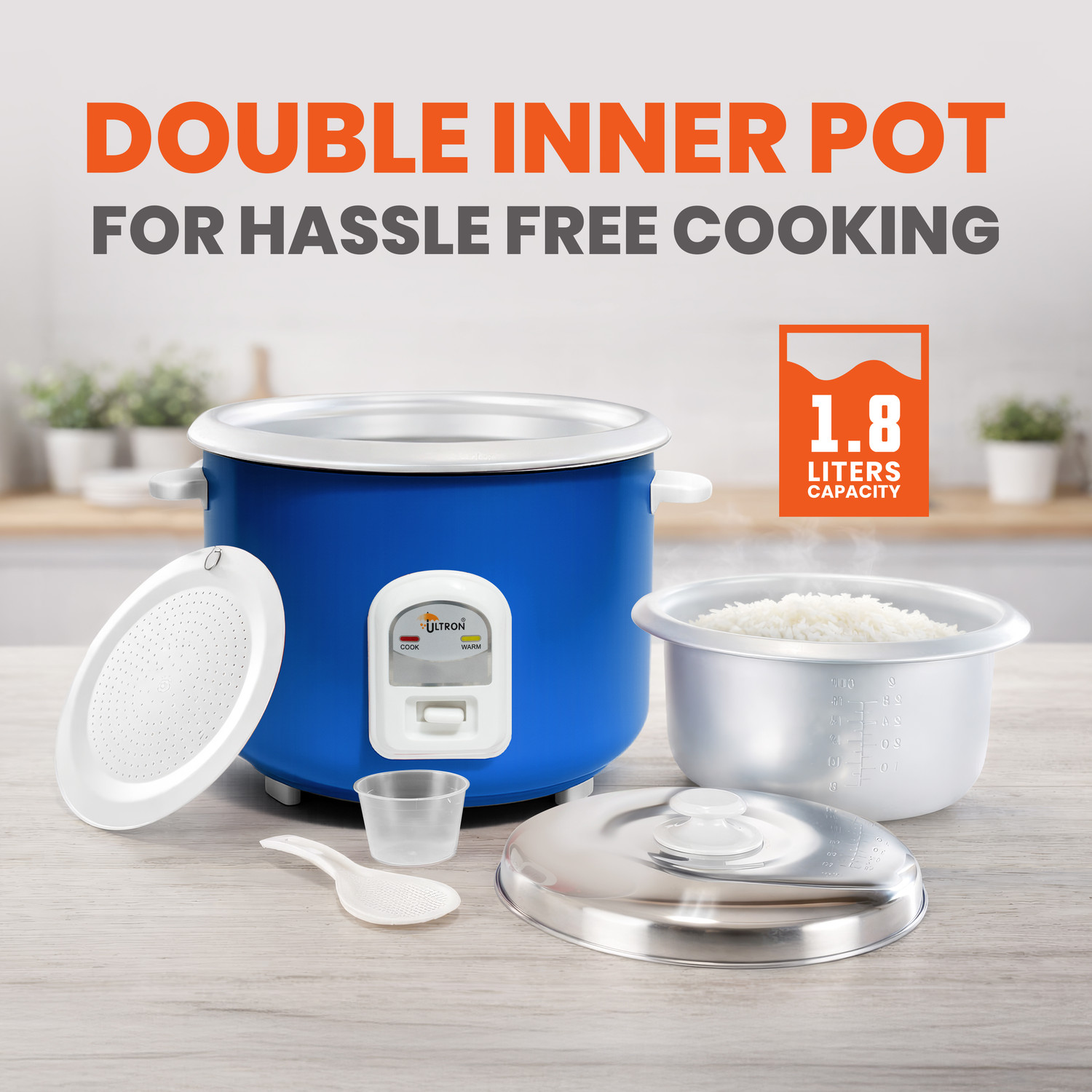Image of ULTRON 1.8L Electric Rice Cooker Nuocook, with Double Aluminium Pot Electric Rice Cooker with Steaming Feature