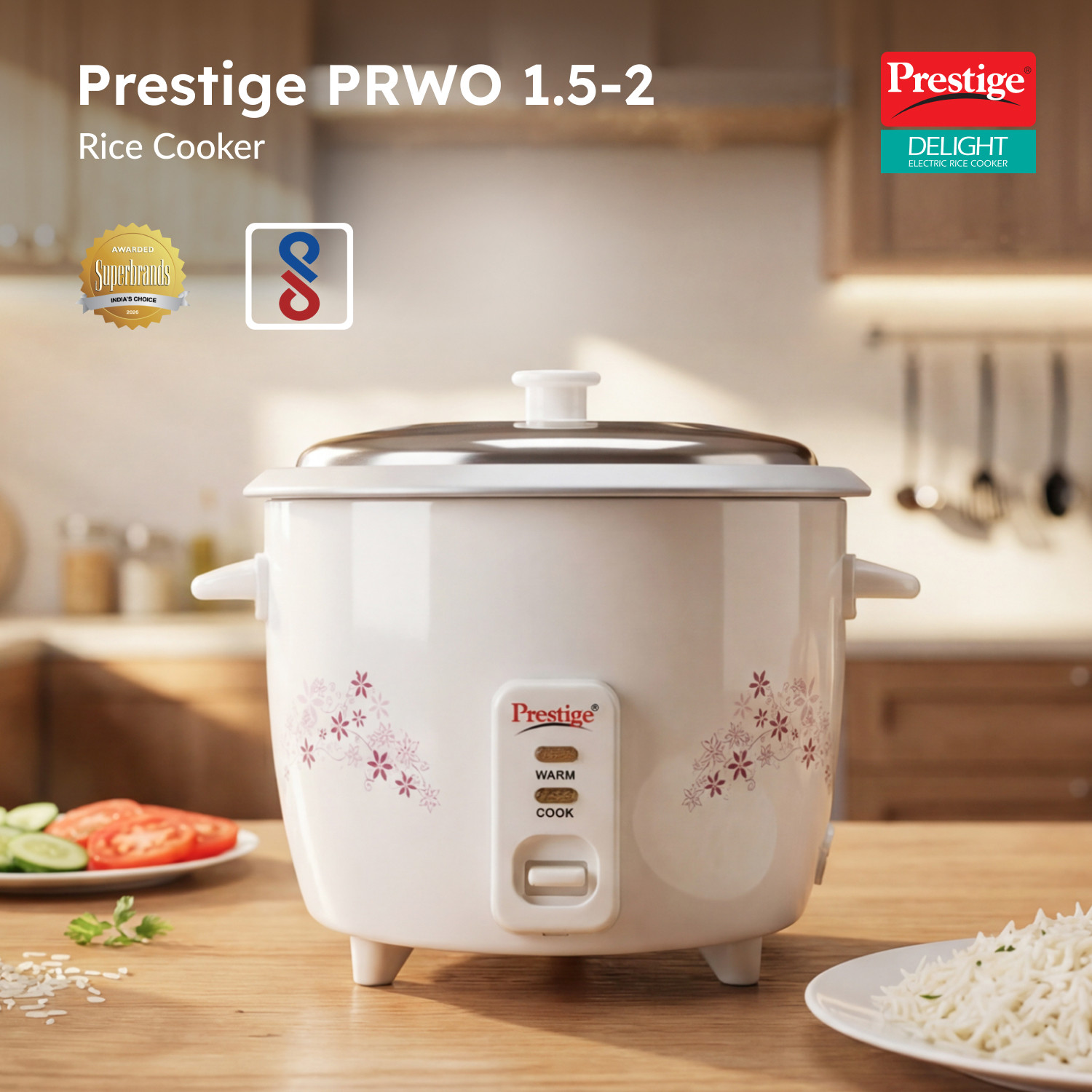 Image of Prestige Delight PRWO-1.5-2 Double Pot with Aluminium Cooking Pan-2 Electric Rice Cooker with Steaming Feature (1.5 L, White)