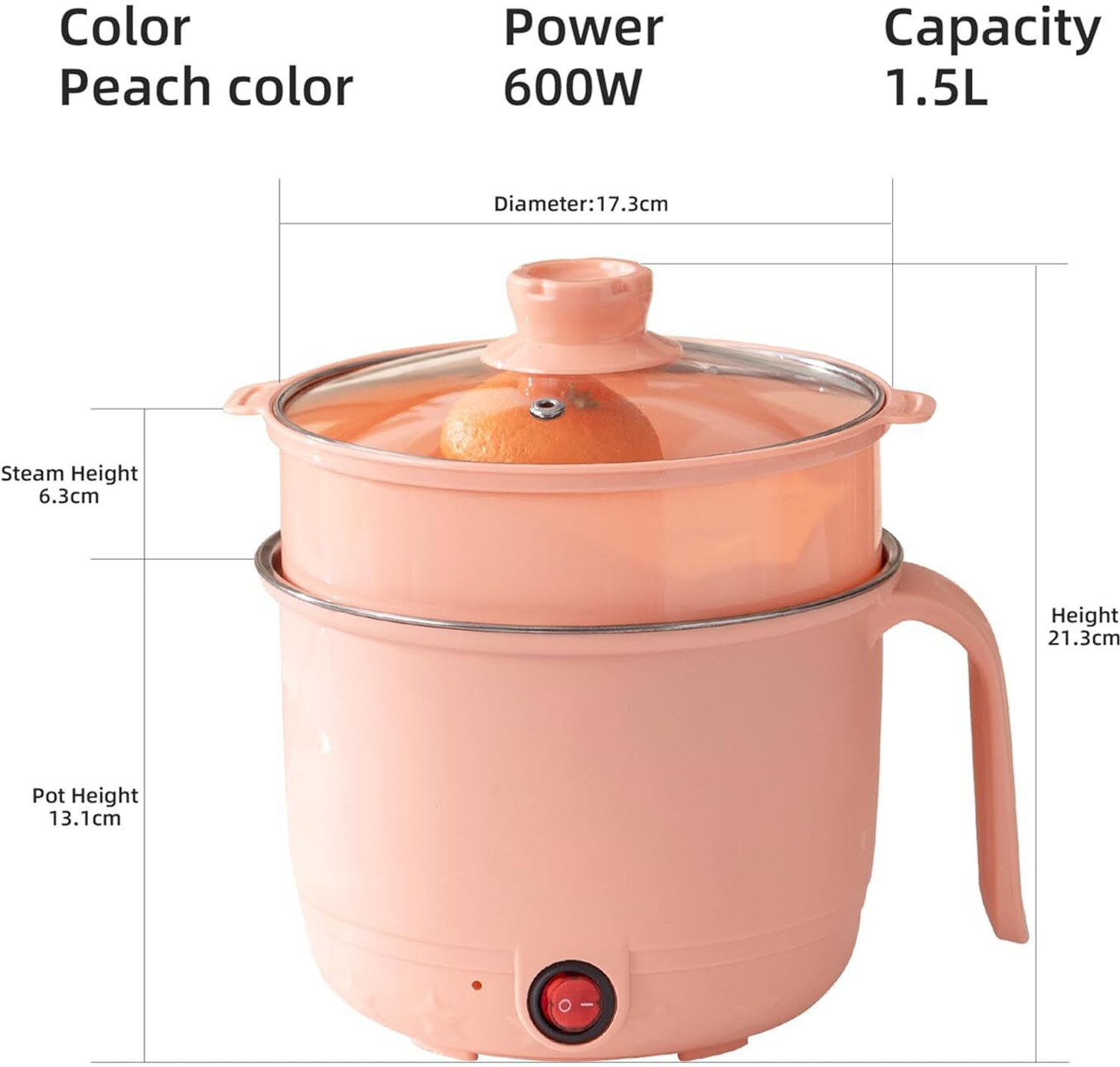 Image of Virexa Peach Multifunction Electric Cooker for Noodles, Soup & More! Electric Rice Cooker with Steaming Feature