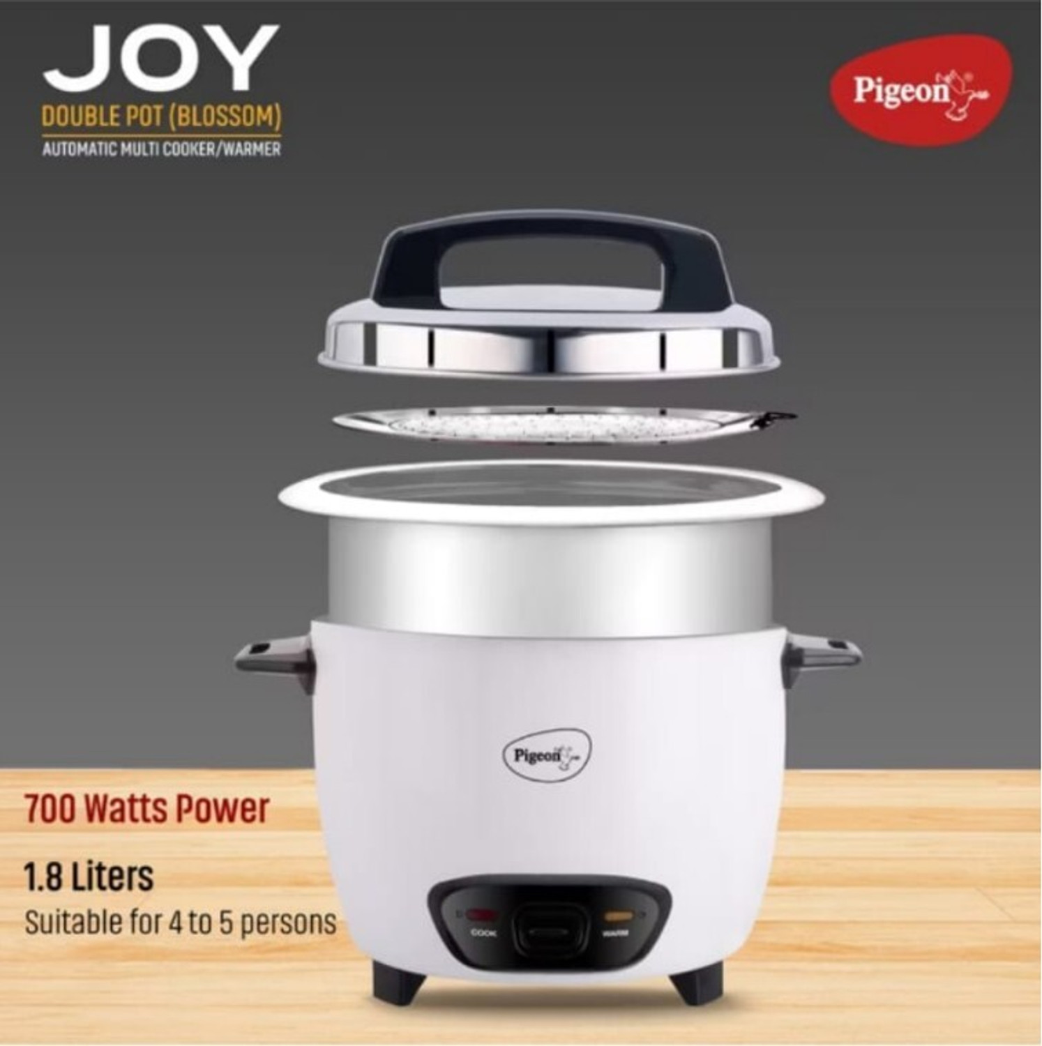 Image of Pigeon Joy Blossom (with SS lid) - 1.8 L (Double Pot) Electric Rice Cooker with Steaming Feature