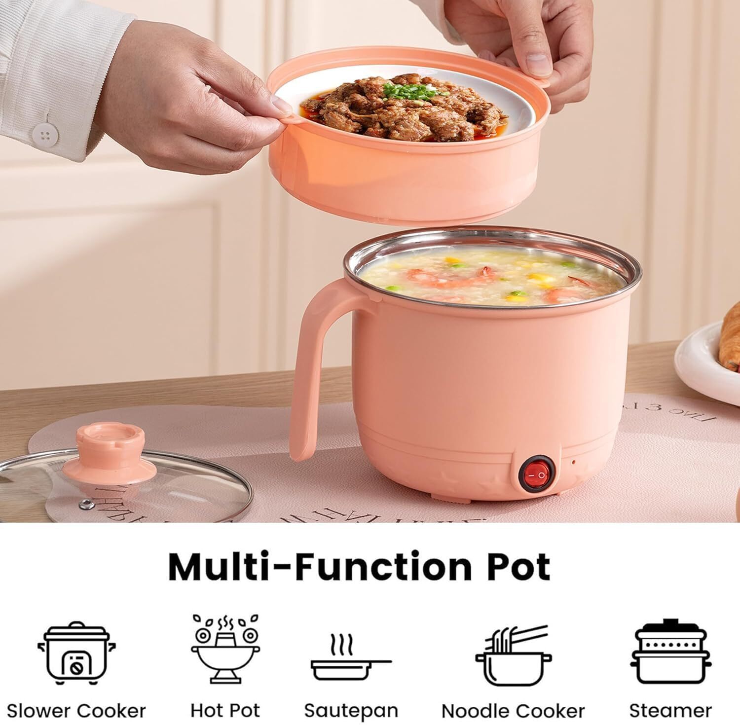 Image of Virexa Peach Multifunction Electric Cooker for Noodles, Soup & More! Electric Rice Cooker with Steaming Feature