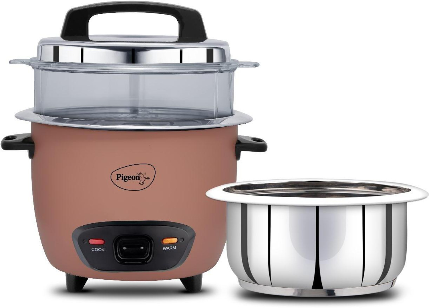 Image of Pigeon Inox Pro 1L | Single Stainless Steel Pot | Automatic | Steamer | Warmer | Small Electric Rice Cooker with Steaming Feature