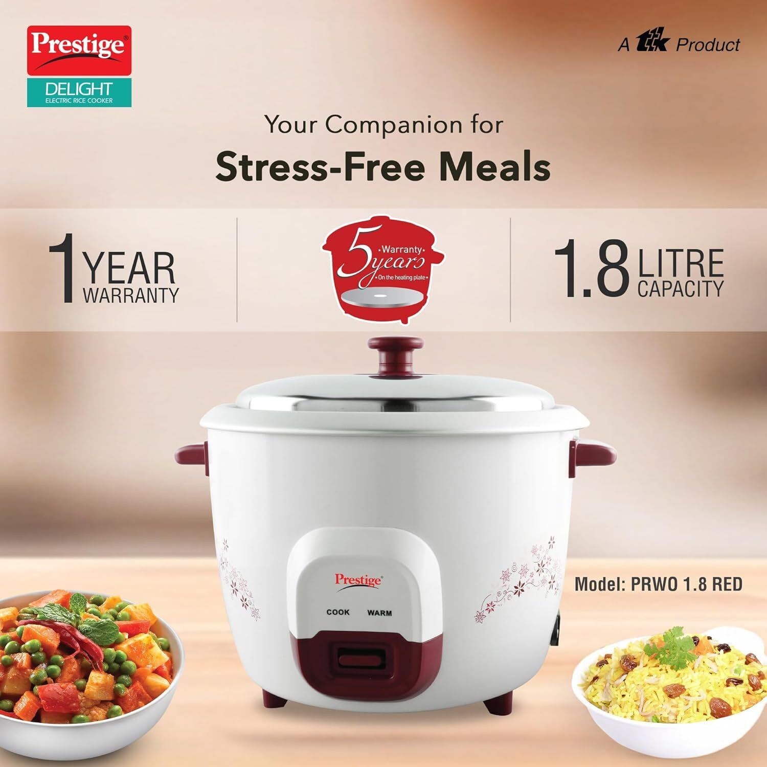 Image of Prestige Delight PRWO 1.8 Red 700W| 1 Aluminium Cooking Pan Electric Rice Cooker with Steaming Feature