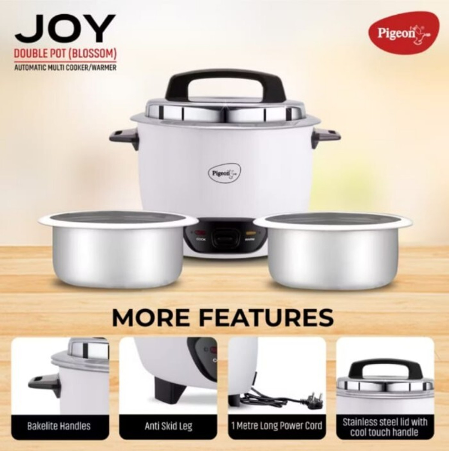 Image of Pigeon Joy Blossom (with SS lid) - 1.8 L (Double Pot) Electric Rice Cooker with Steaming Feature
