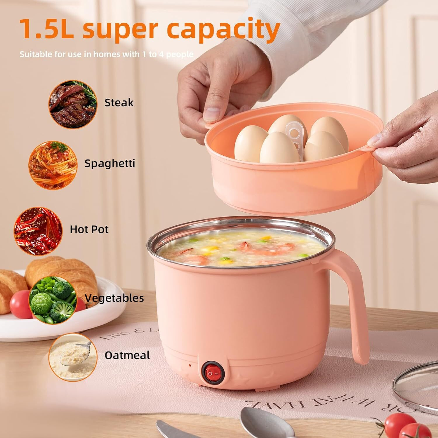Image of DEALZONE Electric Cooking Pot, Steamer with Egg try 1.5L Multi Cooker with Concealed Base Electric Pressure Cooker, Food Steamer, Rice Cooker, Travel Cooker, Egg Boiler
