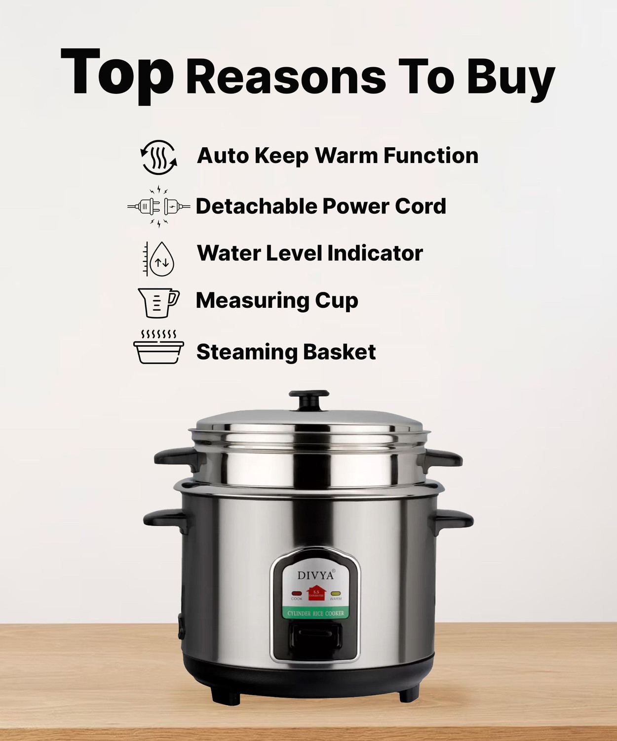 Image of DIVYA Stainless Steel 1.8 Litres Cylinder Electric Rice Cooker with Steaming Feature