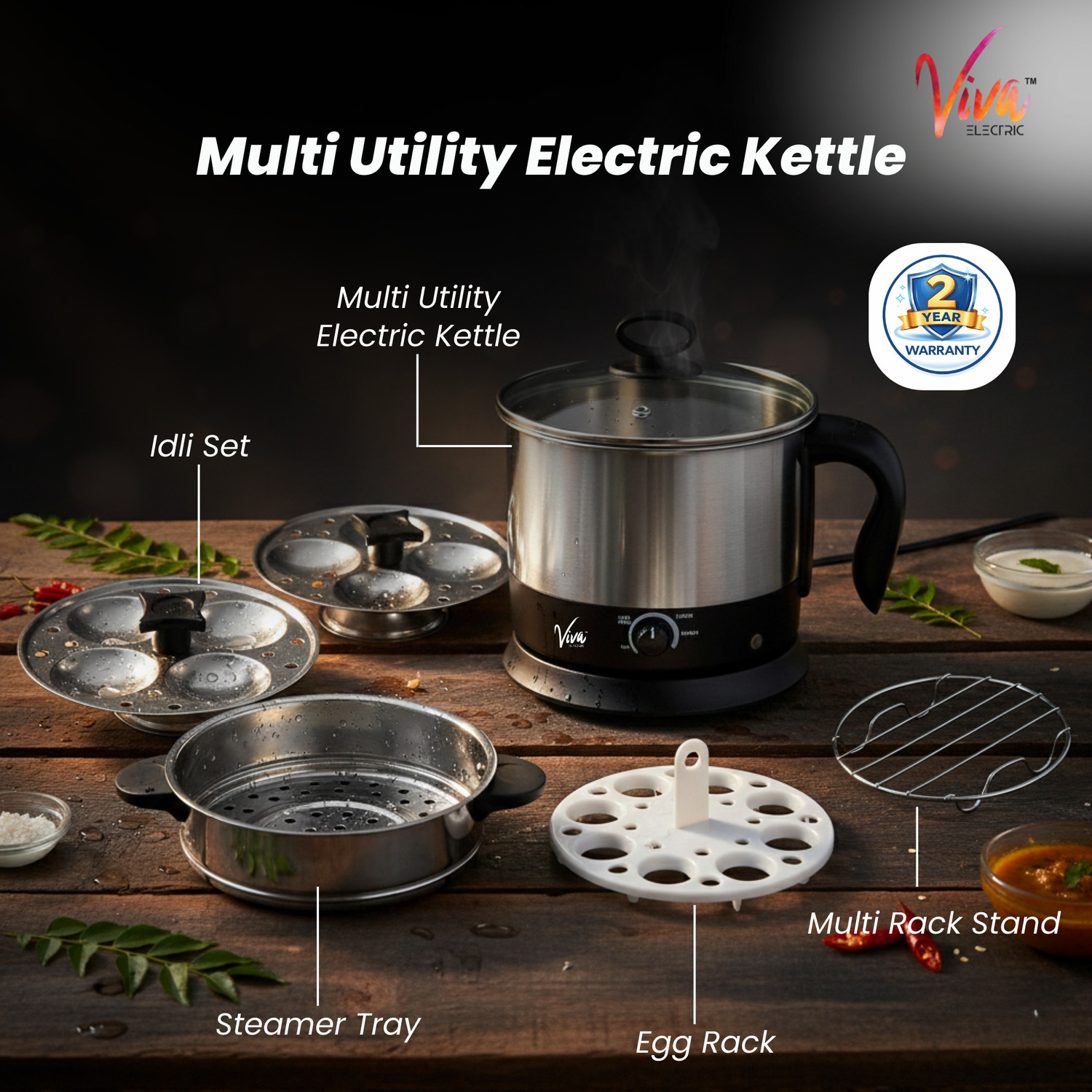 Image of Viva Electric 4-in-1 Multi-Utility Electric Kettle Rice Cooker, Travel Cooker, Food Steamer, Egg Boiler