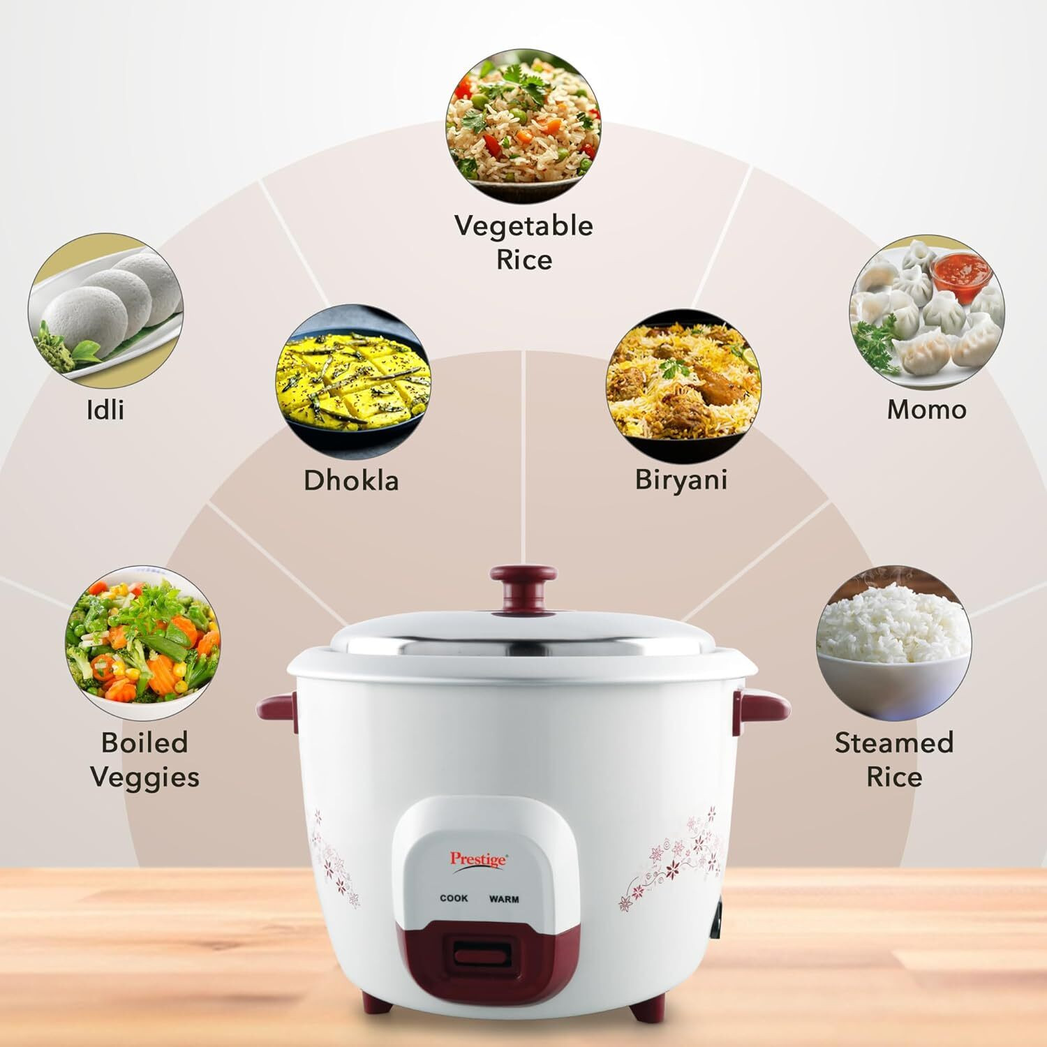 Image of Prestige Delight PRWO 1.8 Red 700W| 1 Aluminium Cooking Pan Electric Rice Cooker with Steaming Feature