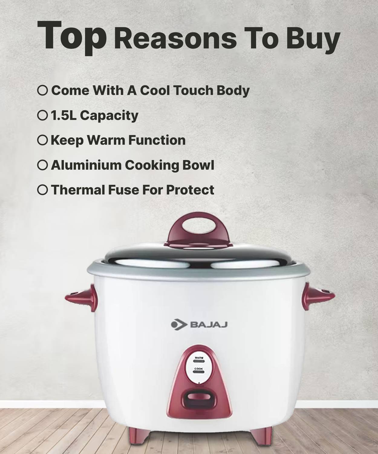 BAJAJ Majesty New RCX 3 1.5L White Rice Cooker - Image 3