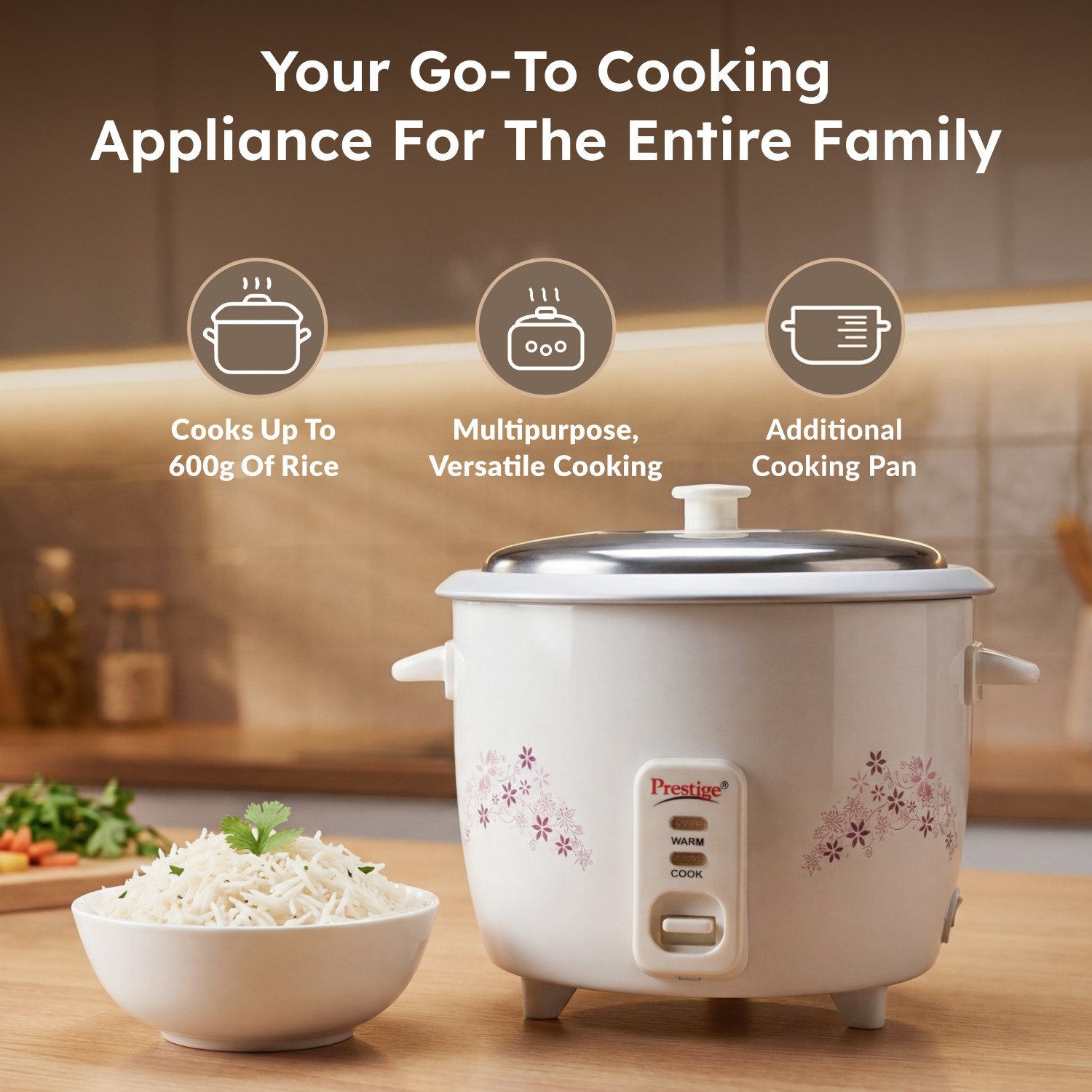 Image of Prestige Delight PRWO-1.5-2 Double Pot with Aluminium Cooking Pan-2 Electric Rice Cooker with Steaming Feature (1.5 L, White)