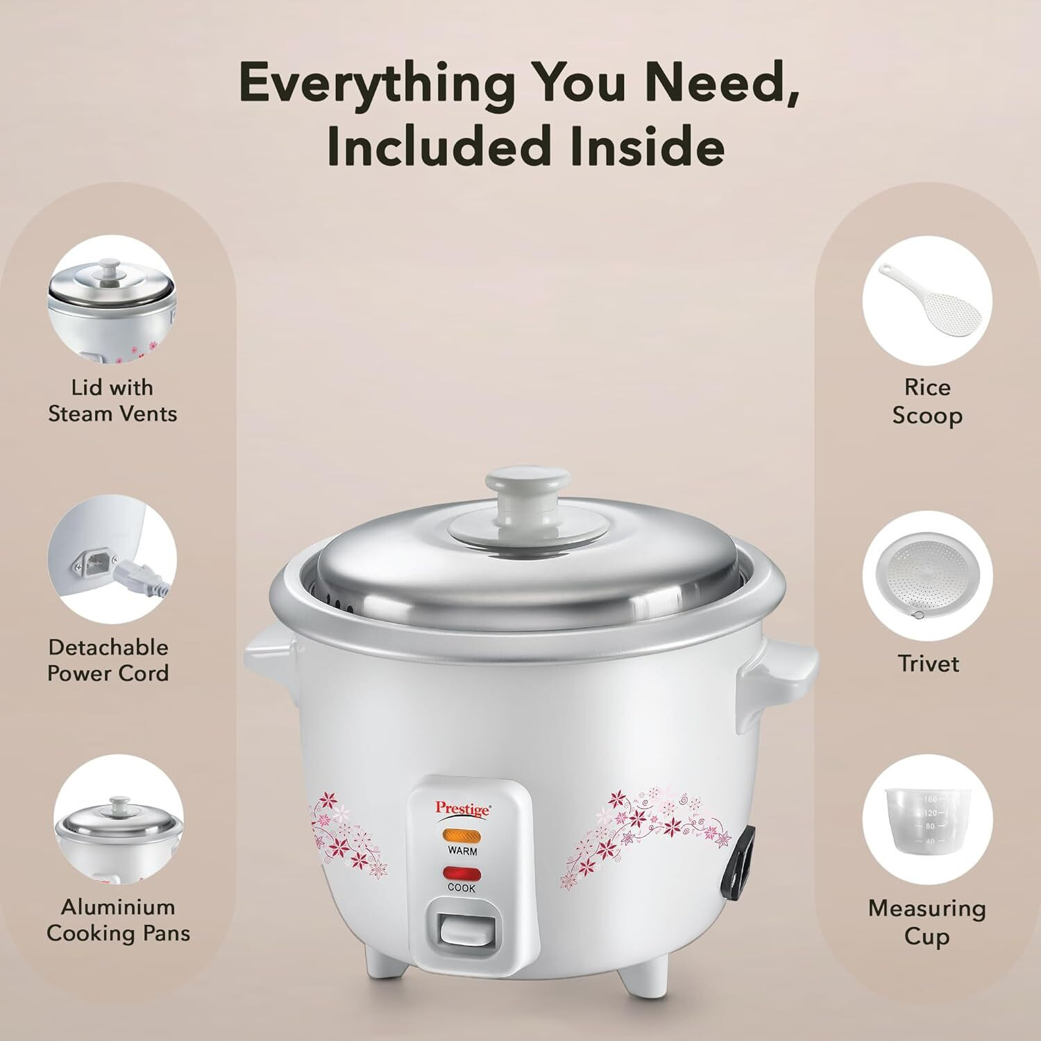 Image of Prestige Delight PRWO 1.8 Red 700W| 1 Aluminium Cooking Pan Electric Rice Cooker with Steaming Feature