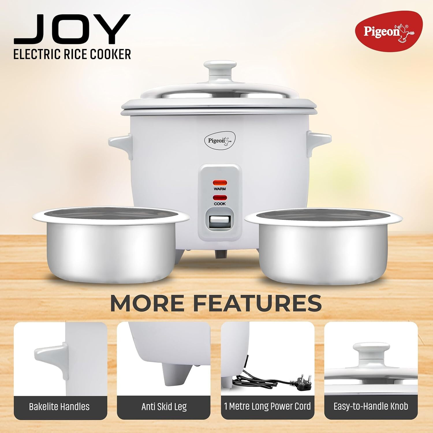 Image of Pigeon Joy Automatic Multi Cooker | Food Warmer | Small Aluminium Double Pan | Mini Electric Rice Cooker with Steaming Feature