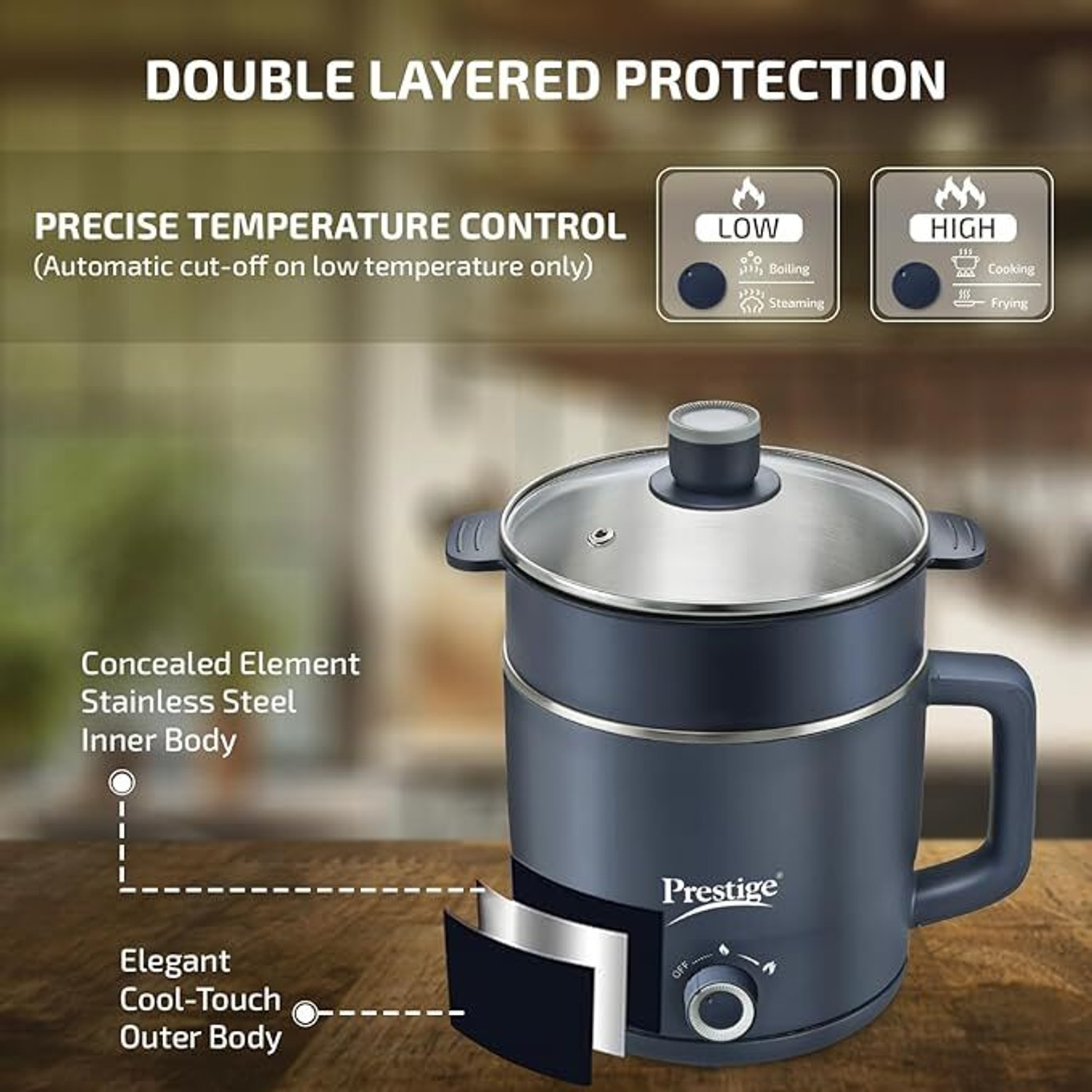 Image of Prestige PMC 4.0| Precise Temperature Control | Concealed Element | 360 Degree Swivel | Travel Cooker, Egg Boiler, Food Steamer