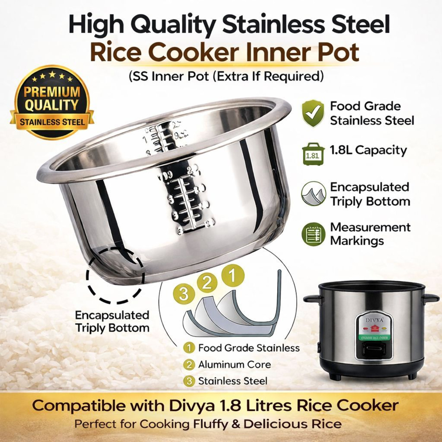 Image of DIVYA 1.8 L Stainless Steel Rice Cooker Inner Pot | High Quality SS | POT - Electric Rice Cooker with Steaming Feature