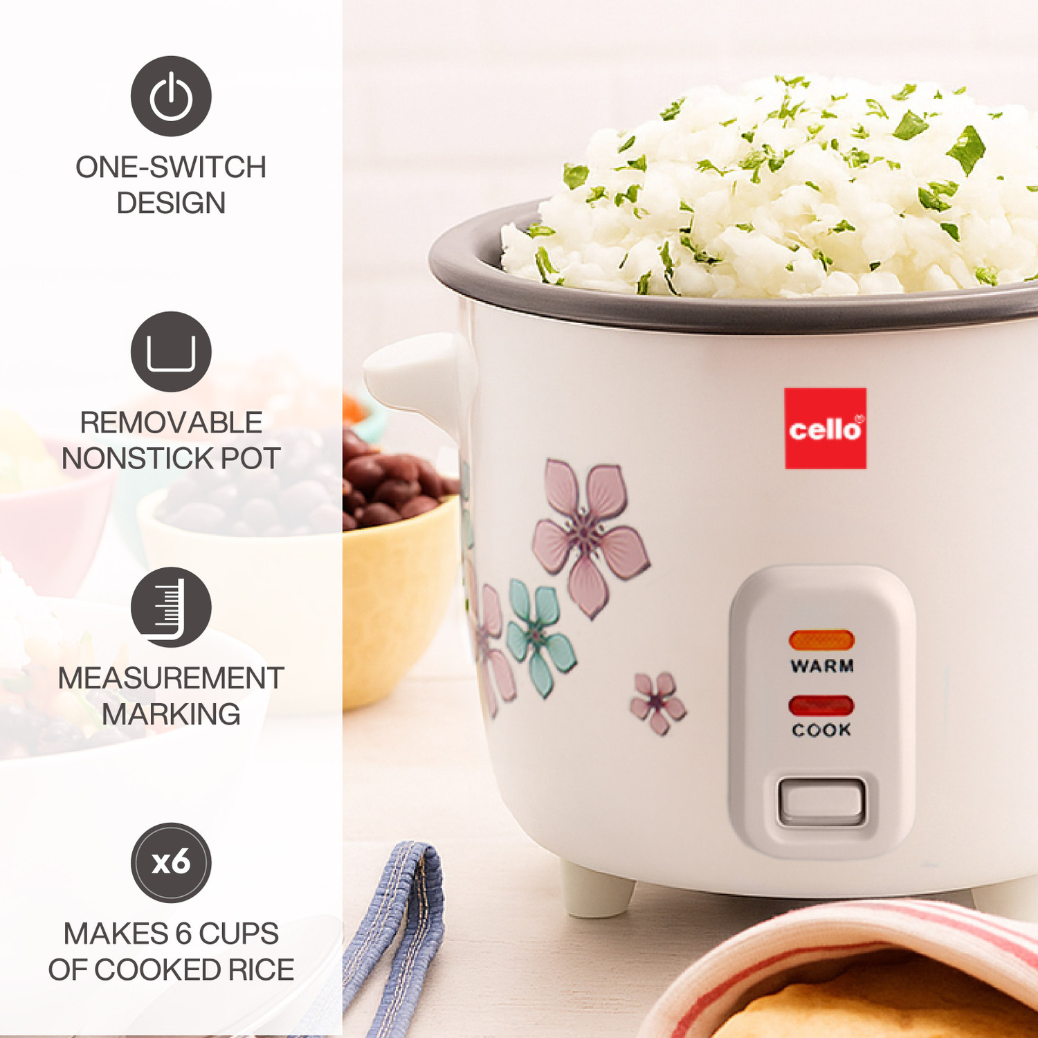 Image of cello Iris Rice Cooker with Single Bowl | Trivet Plate | Electric Rice Cooker with Steaming Feature