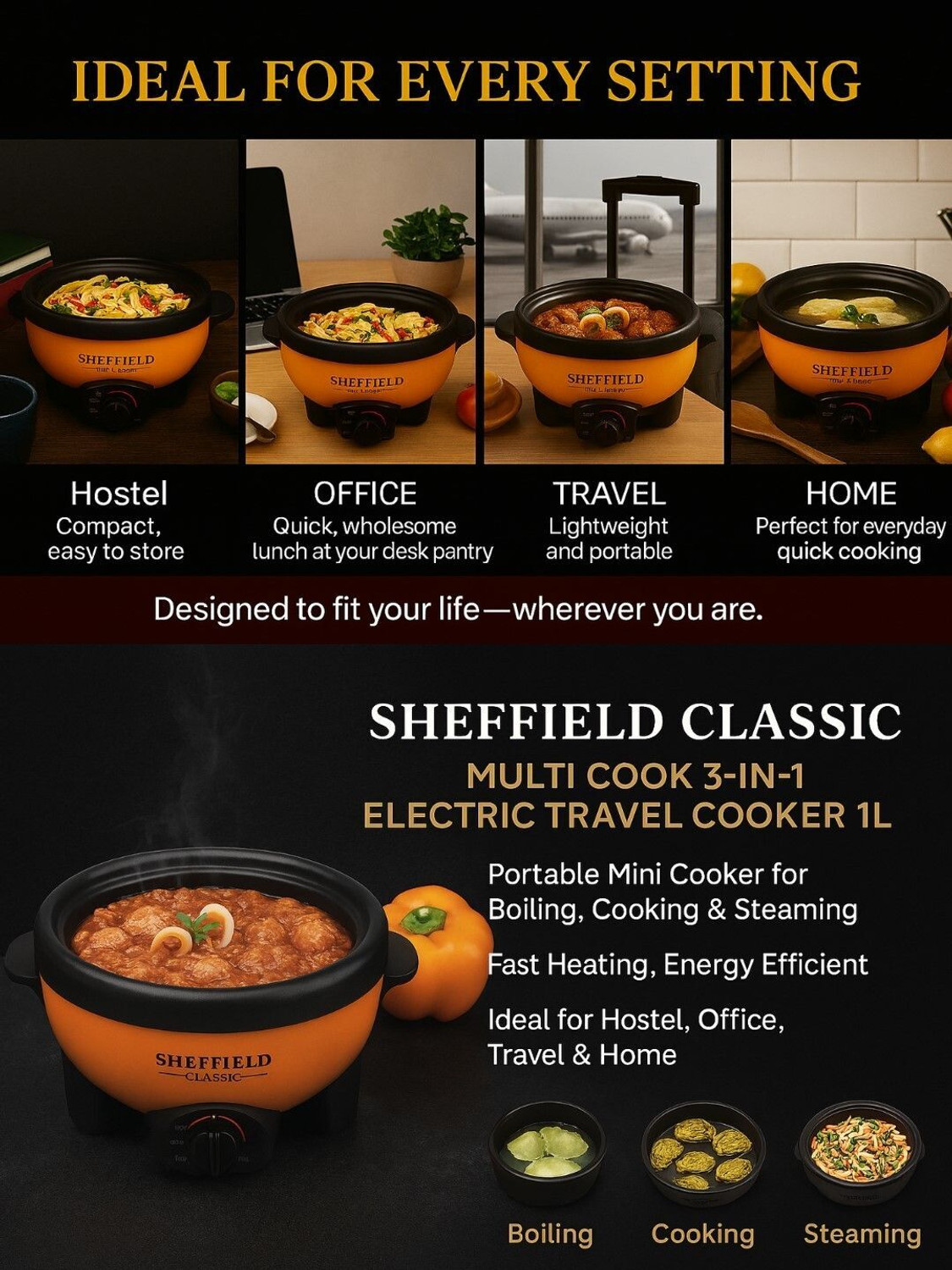 Image of Sheffield Classic 3-In-1 Aluminum Multi-Cooker 2L(Boil, Grill, Fry) 800W, Non Stick, Deep Fryer, Travel Cooker, Food Steamer