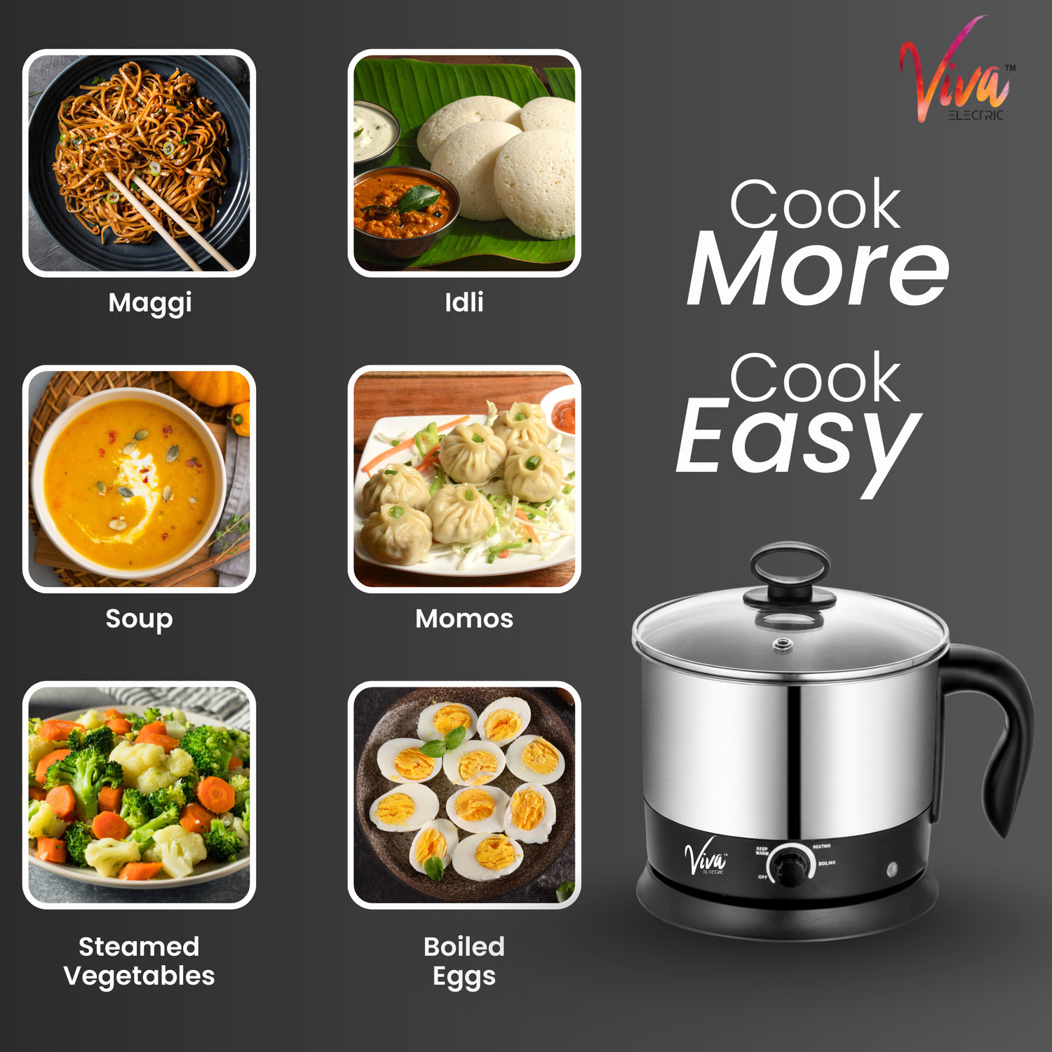 Image of Viva Electric 4-in-1 Multi-Utility Electric Kettle Rice Cooker, Travel Cooker, Food Steamer, Egg Boiler