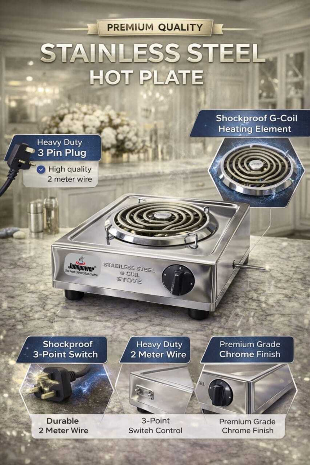 Image of johnpower 2000w Steel Hotplate-9 Electric Cooking Heater