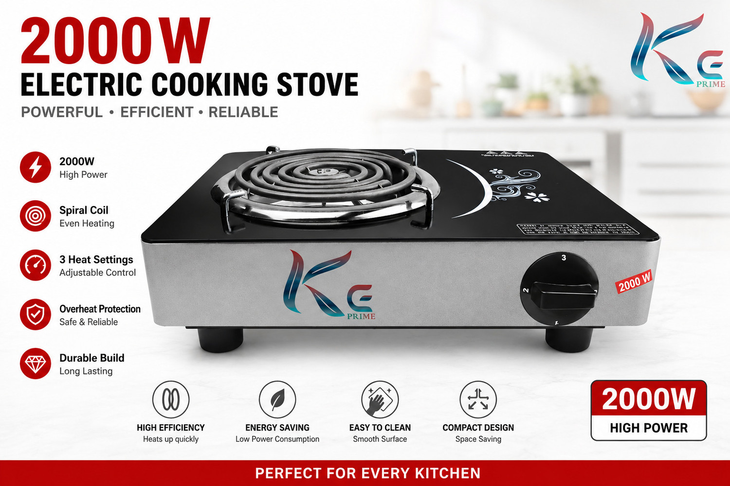 KE Prime Black 2000W Electric Hot Plate Single Burner Electric Cooking Heater
