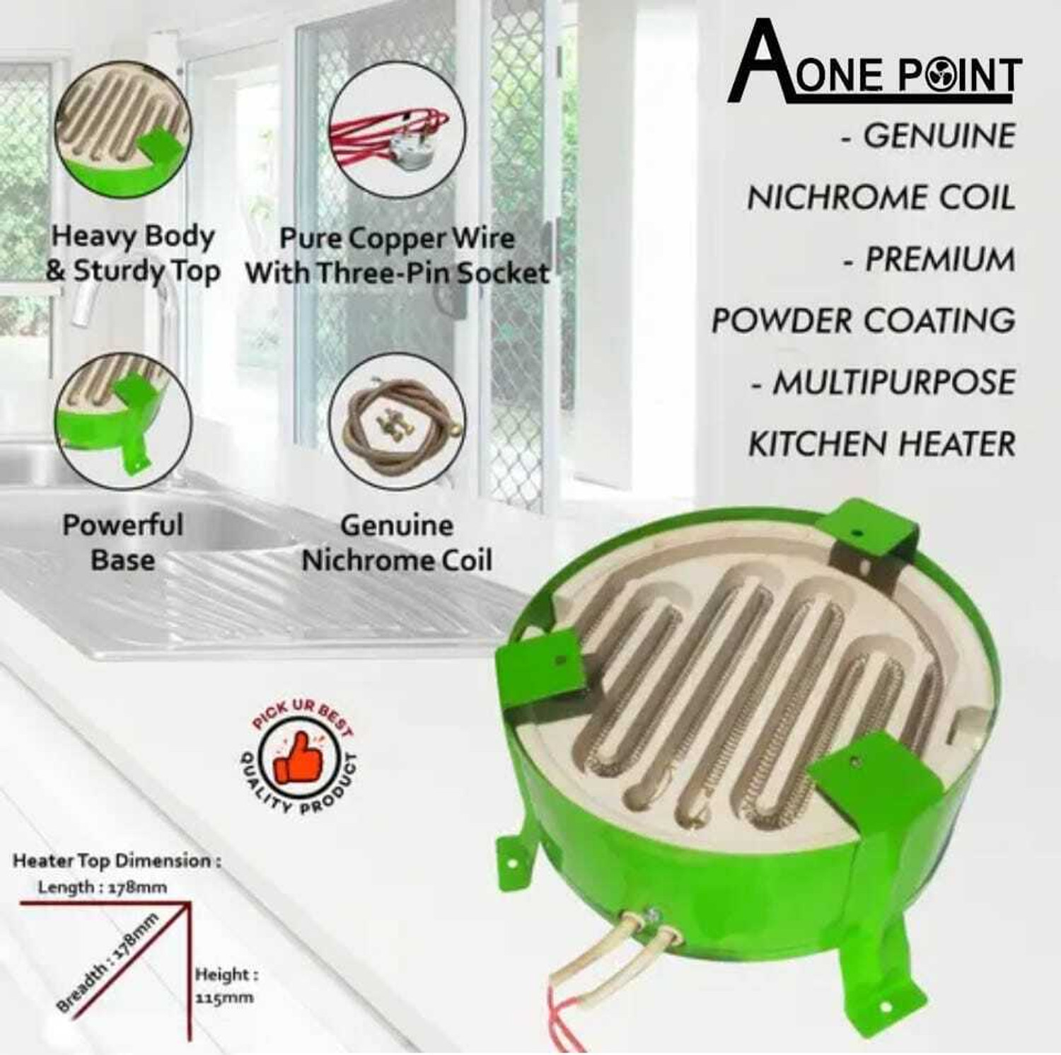 Image of AONE POINT Desi Heater-Green-1500W Electric Cooking Heater