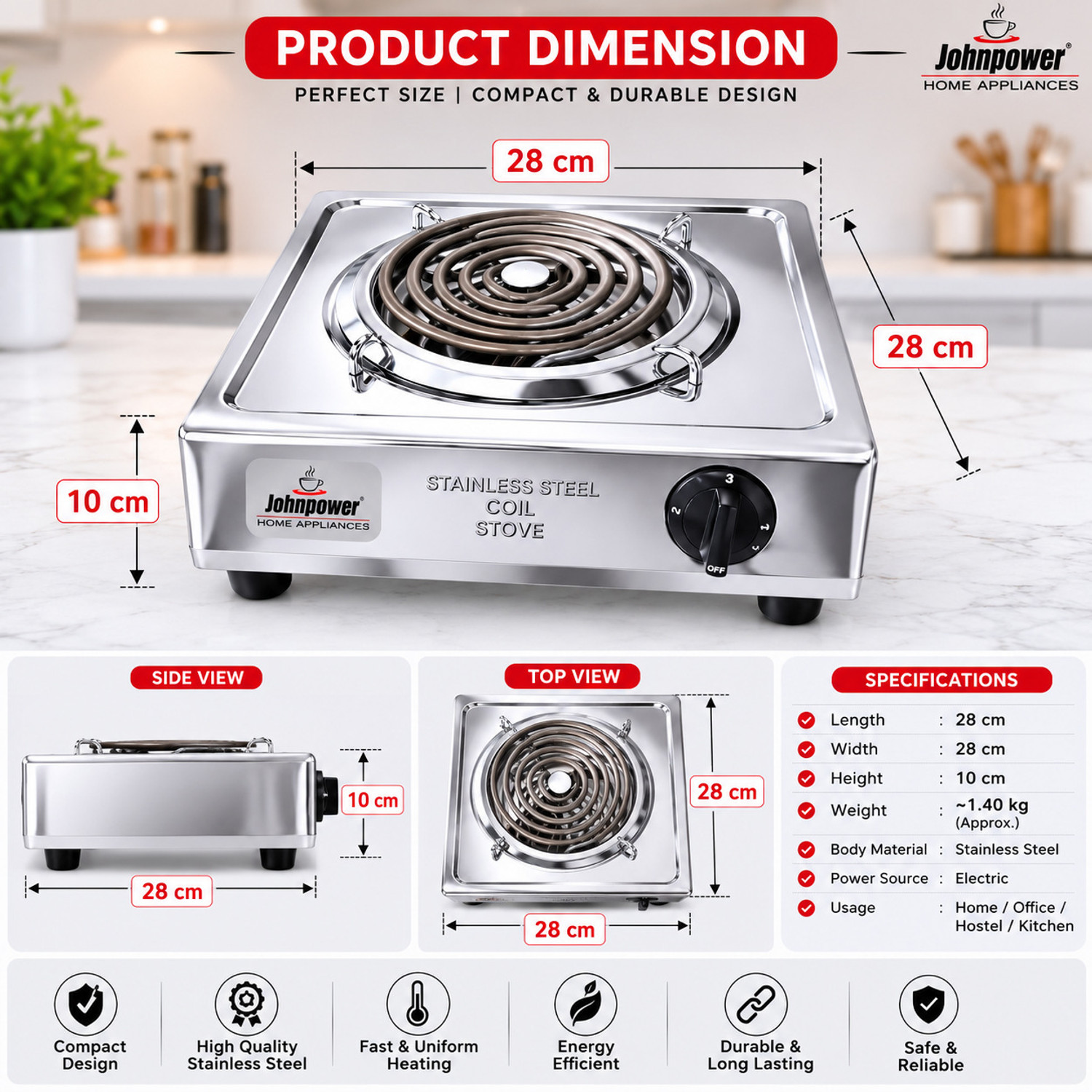 Image of johnpower 2000w Steel Hotplate-9 Electric Cooking Heater