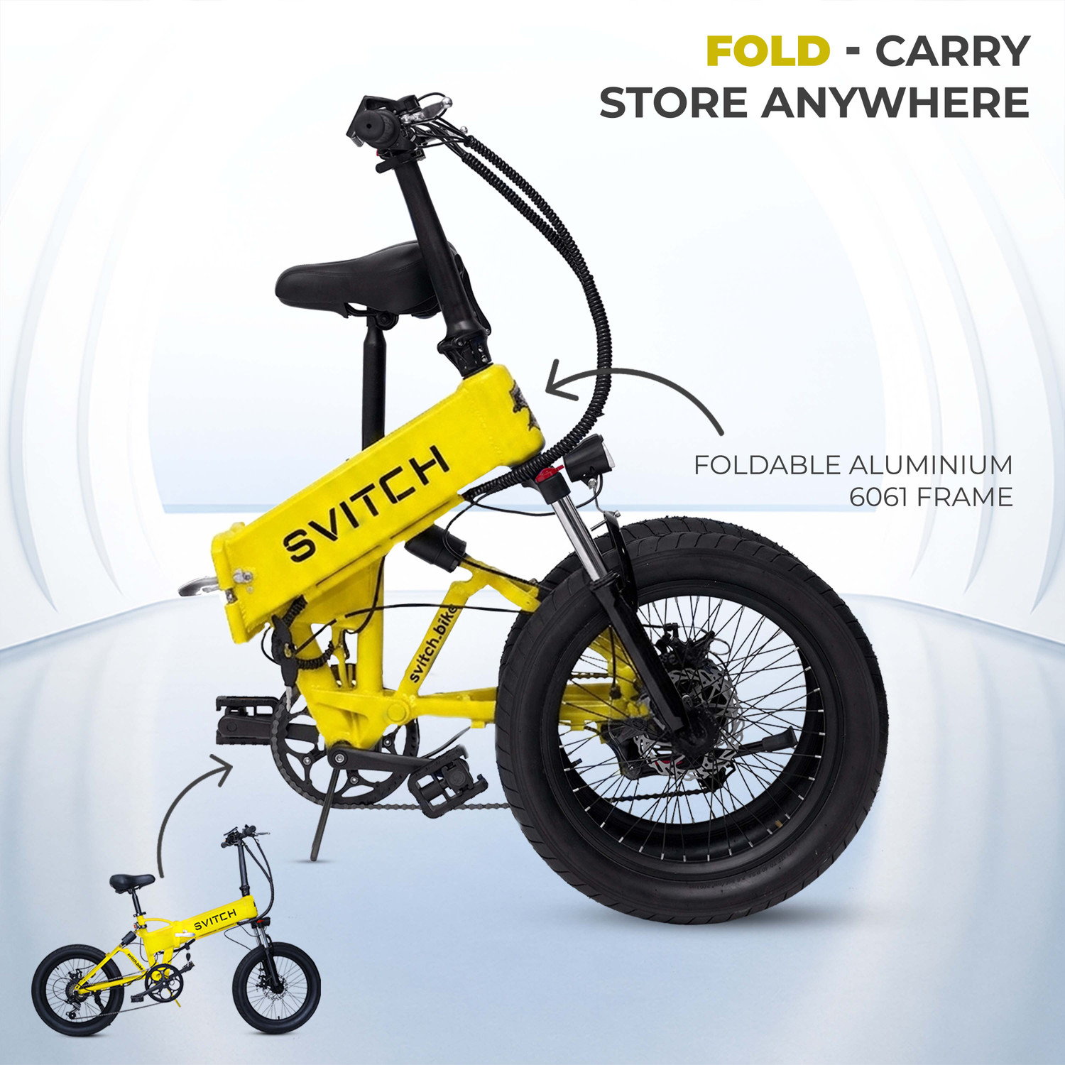 Image of SVITCH LITE XE Yellow | Foldable E-Bike with Dual Suspension & Dual Disk Brake, 20 inches 7 Gear Lithium-ion (Li-ion) Electric Cycle