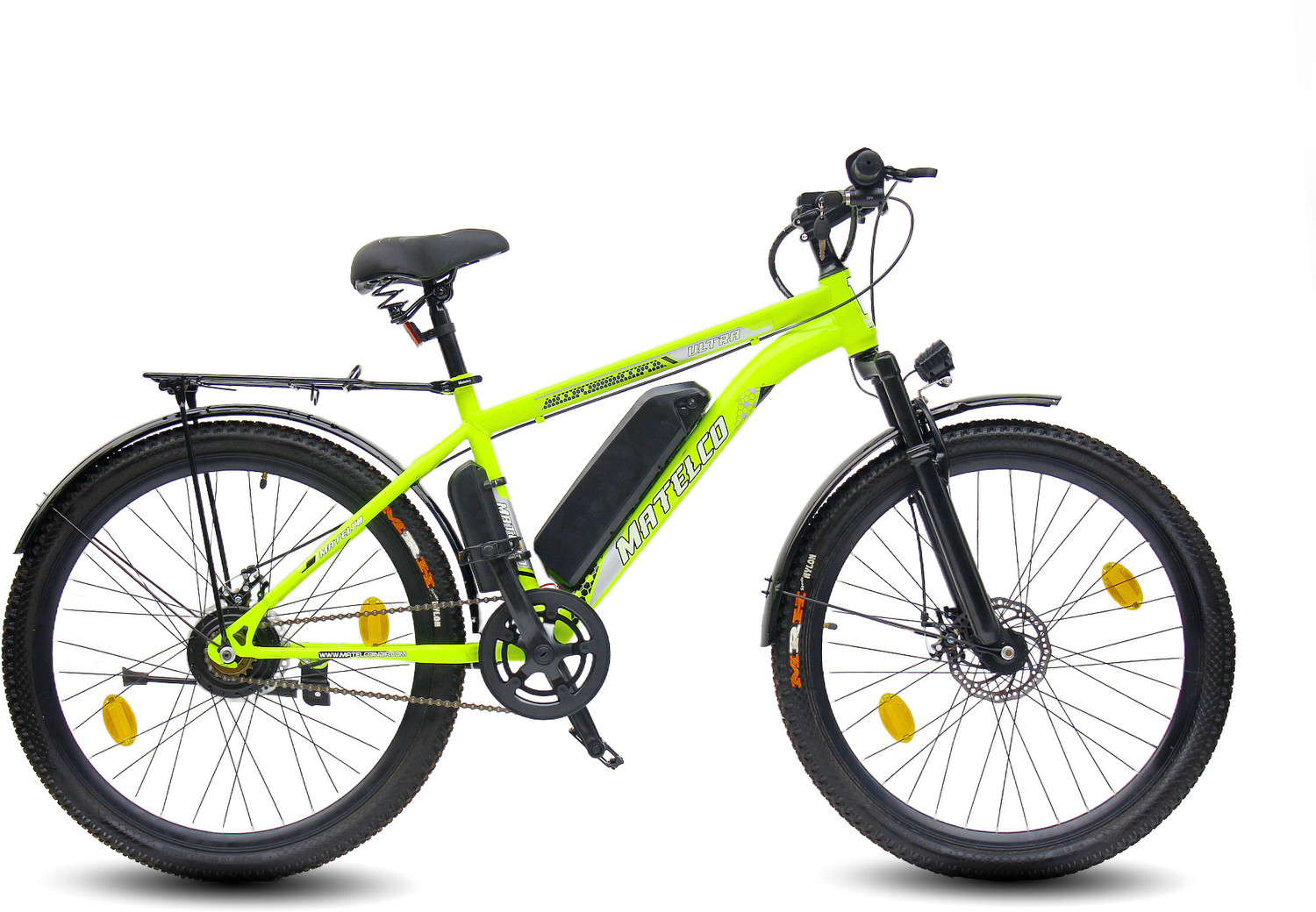 Image of MATELCO ULTRA EA IBC27 WITH CARRIER AND STEEL MUDGAURD NEON 27.5 inches Single Speed Lithium-ion (Li-ion) Electric Cycle