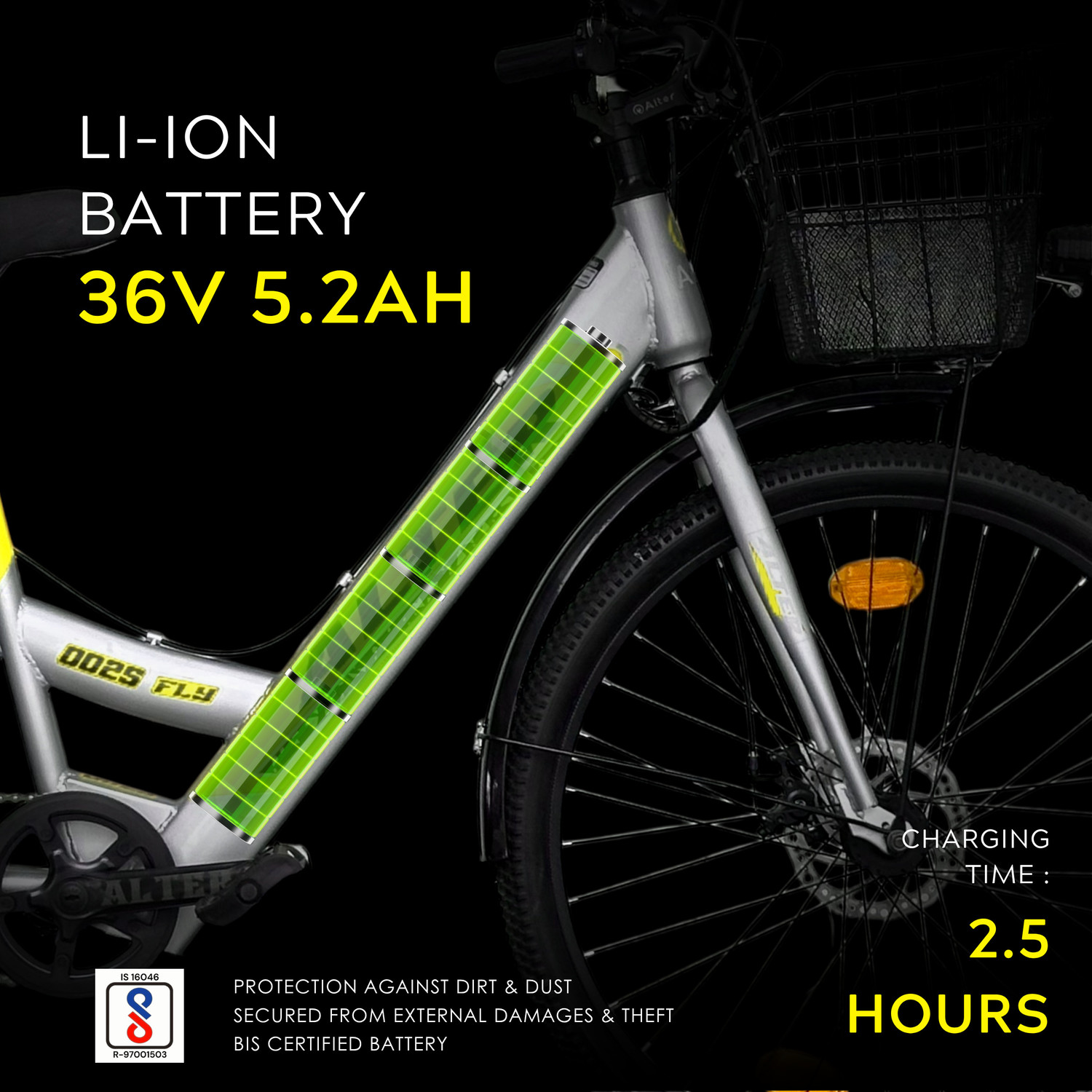 Image of ALTER 26 inch 002S-FLY MODEL ELECTRIC CYCLE,95% PRE-ASSEMBLED WITH CHARGER (Grey & Yellow) 26 inches Single Speed Lithium-ion (Li-ion) Electric Cycle