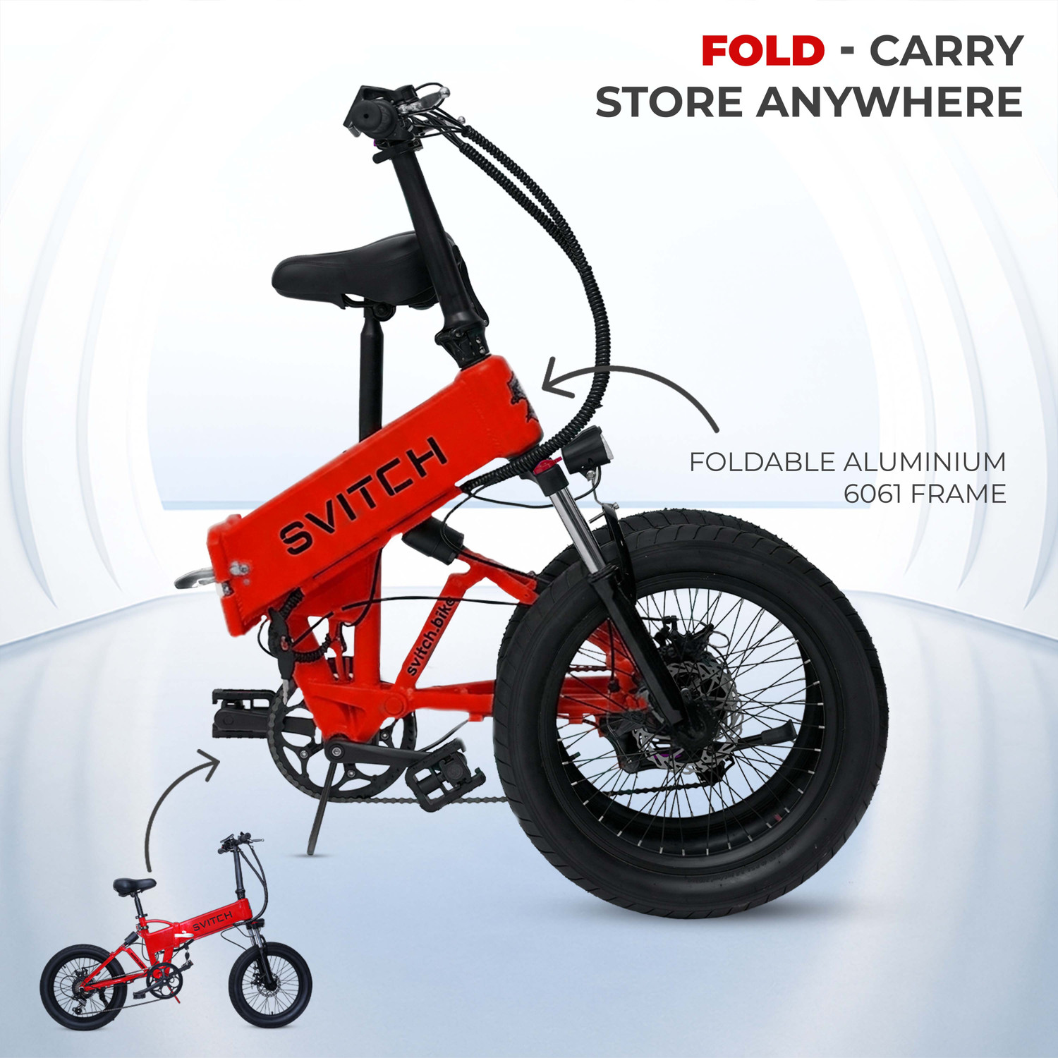 Image of SVITCH LITE XE Red | Foldable e-Bike with 250W Rear Hub Motor & Dual Disc Brake, 20 inches 7 Gear Lithium-ion (Li-ion) Electric Cycle