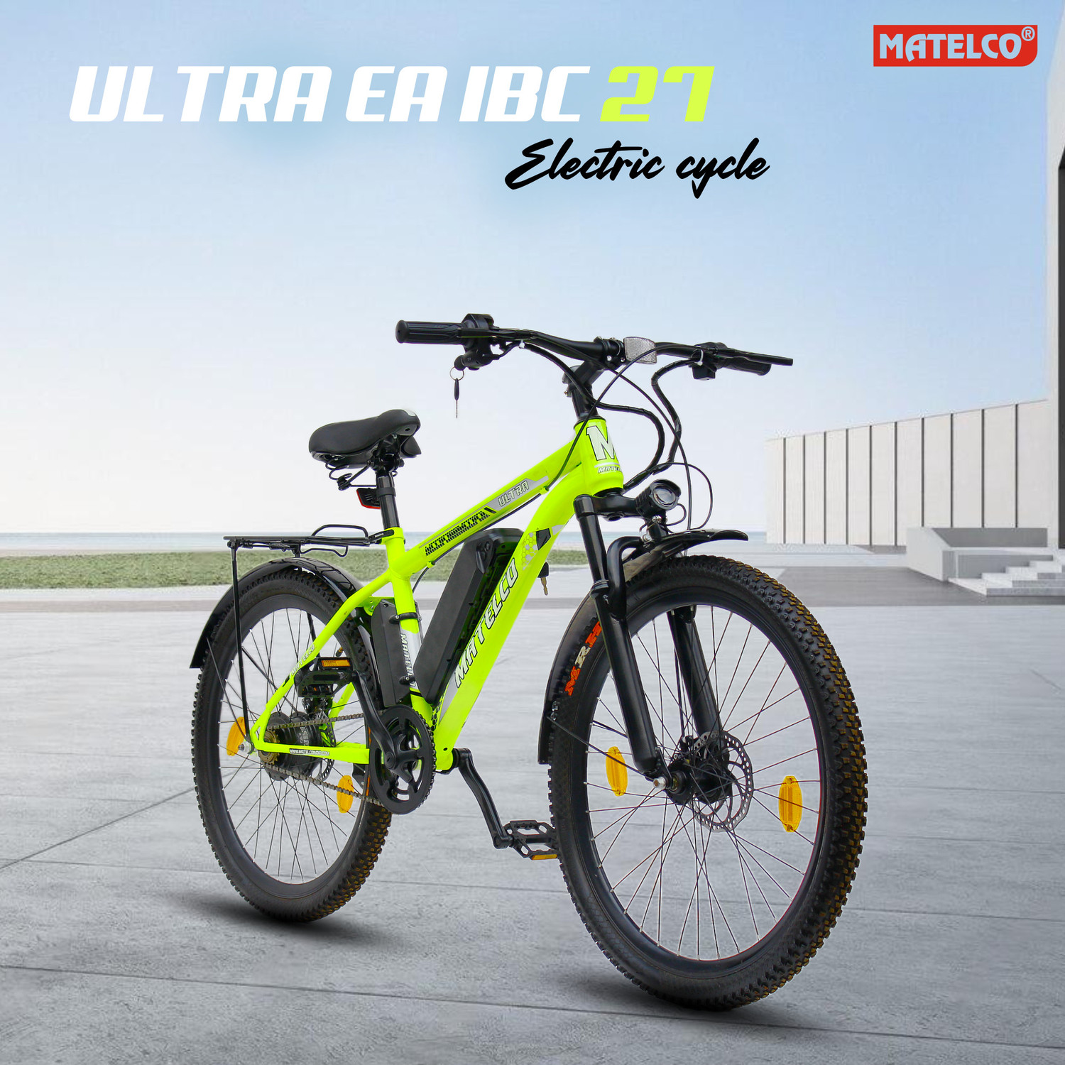 Image of MATELCO ULTRA EA IBC27 WITH CARRIER AND STEEL MUDGAURD NEON 27.5 inches Single Speed Lithium-ion (Li-ion) Electric Cycle