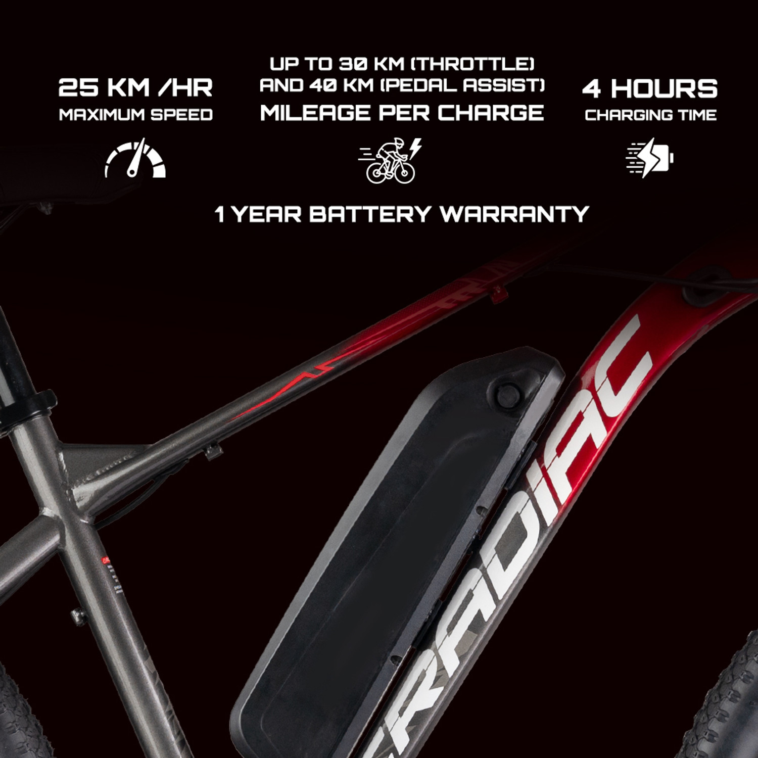 Image of CRADIAC ATLUS ELECTRIC RED 21 SPEED|FRONT SUSPENSION|7.8AH BATTERY|DUAL DISC BRAKE 27.5 inches 21 Gear Lithium-ion (Li-ion) Electric Cycle
