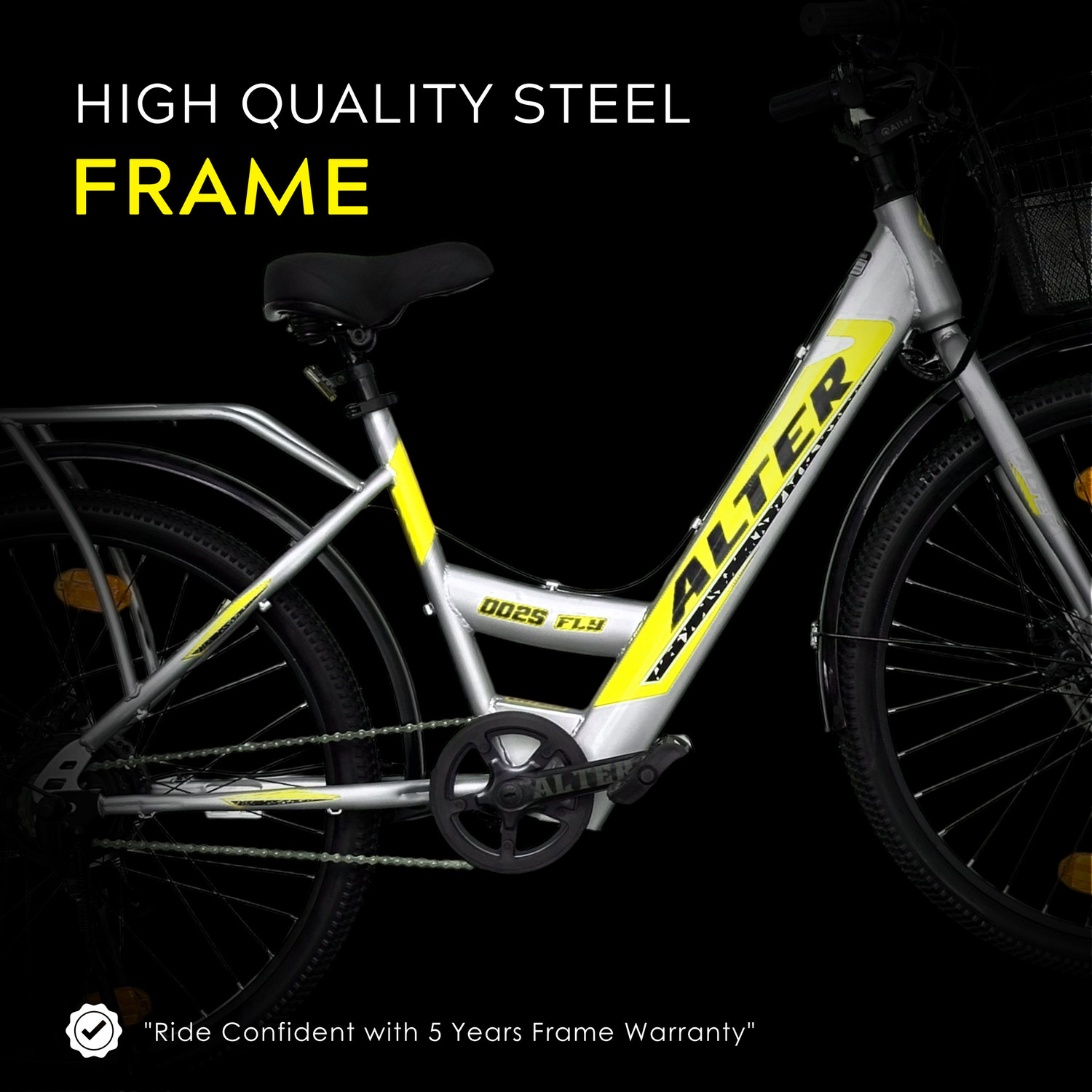 Image of ALTER 26 inch 002S-FLY MODEL ELECTRIC CYCLE,95% PRE-ASSEMBLED WITH CHARGER (Grey & Yellow) 26 inches Single Speed Lithium-ion (Li-ion) Electric Cycle