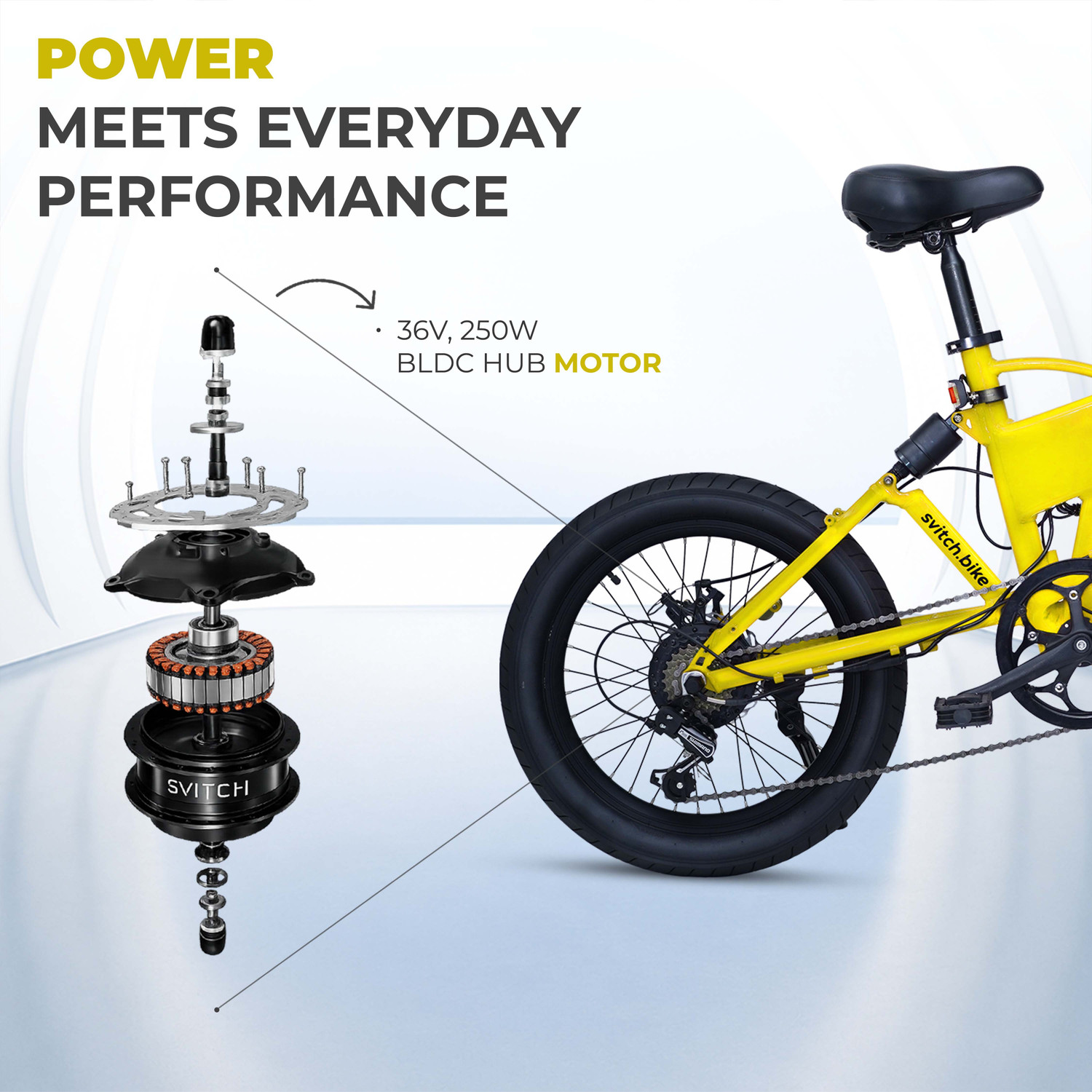 Image of SVITCH LITE XE Yellow | Foldable E-Bike with Dual Suspension & Dual Disk Brake, 20 inches 7 Gear Lithium-ion (Li-ion) Electric Cycle
