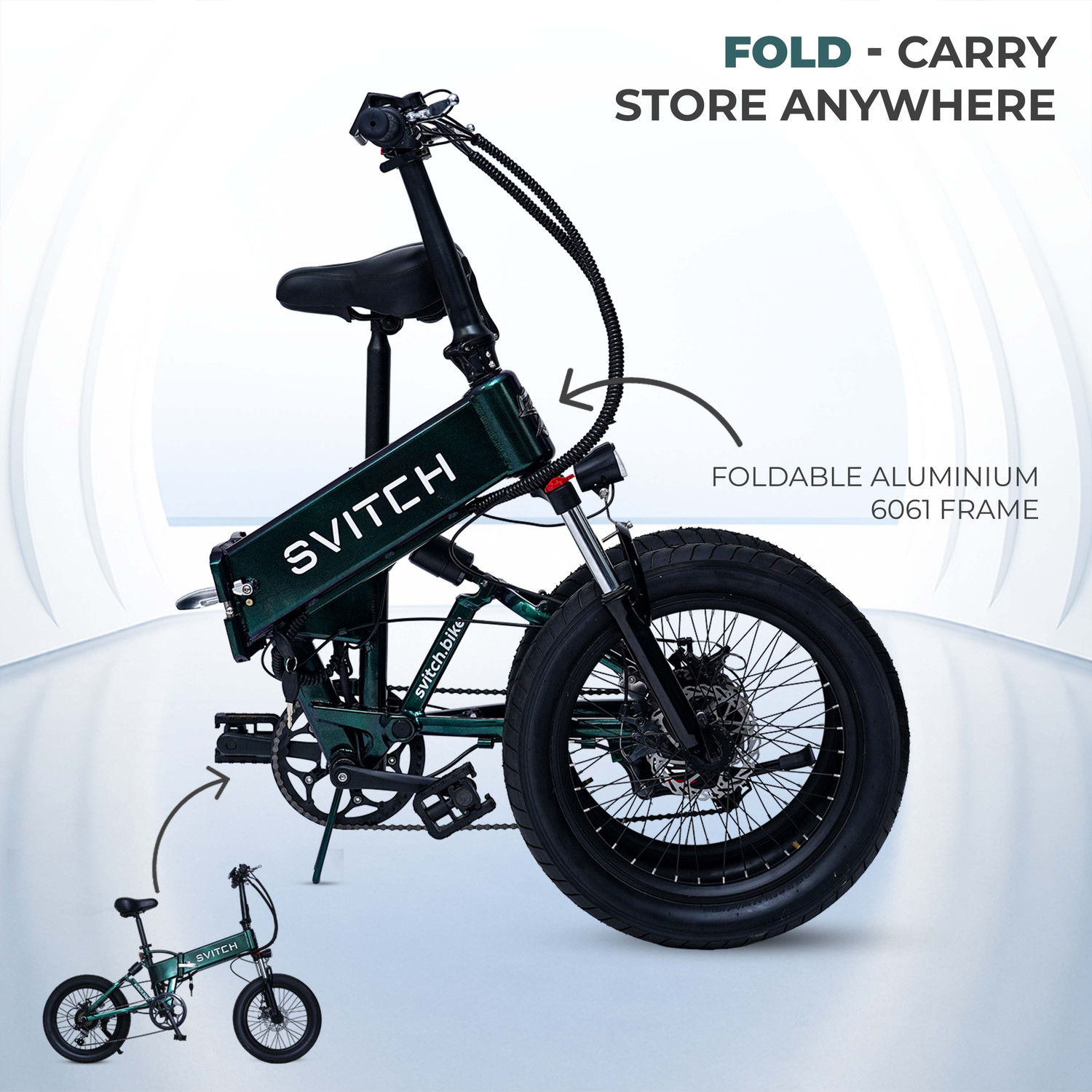 Image of SVITCH LITE XE Green | Foldable Electric Bicycle | Dual Suspension & Dual Disc Brake, 20 inches 7 Gear Lithium-ion (Li-ion) Electric Cycle
