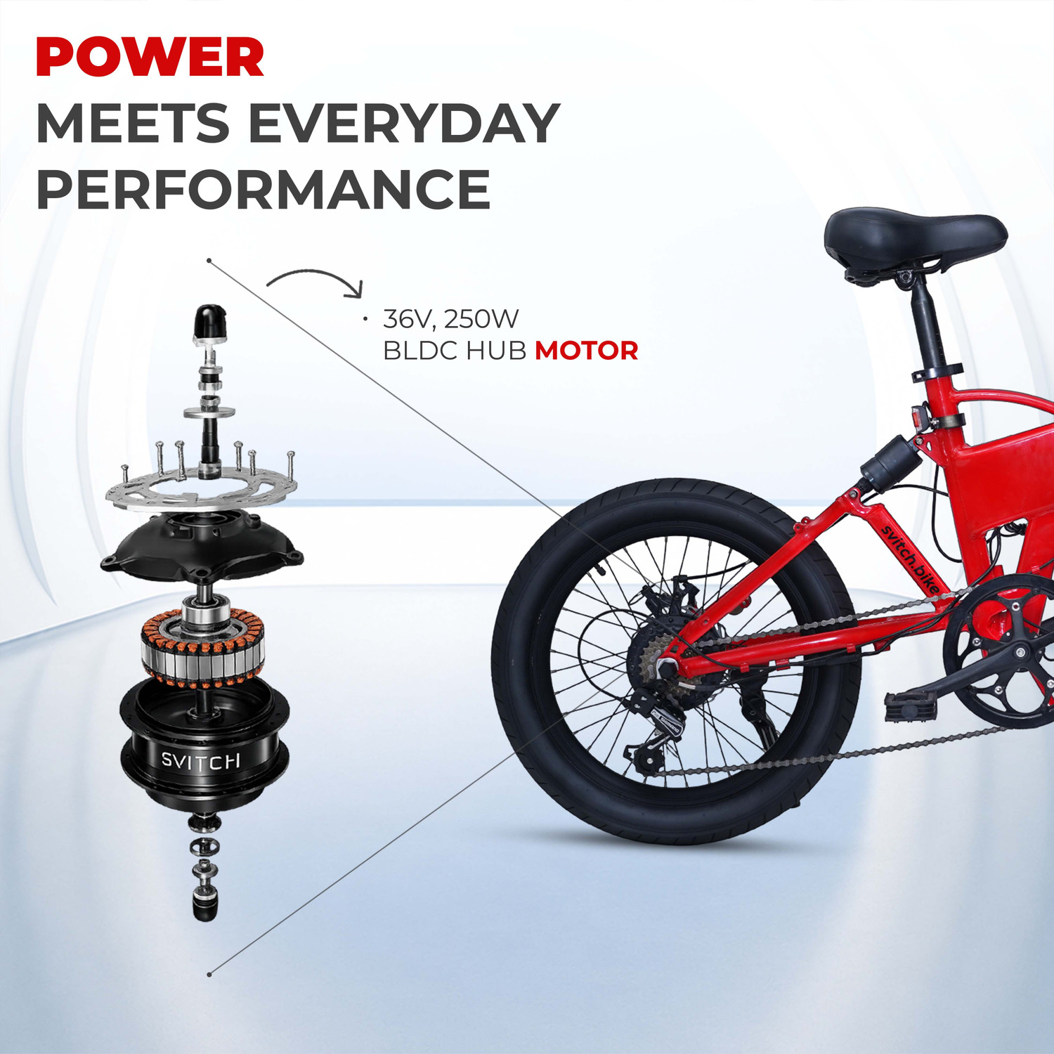Image of SVITCH LITE XE Red | Foldable e-Bike with 250W Rear Hub Motor & Dual Disc Brake, 20 inches 7 Gear Lithium-ion (Li-ion) Electric Cycle