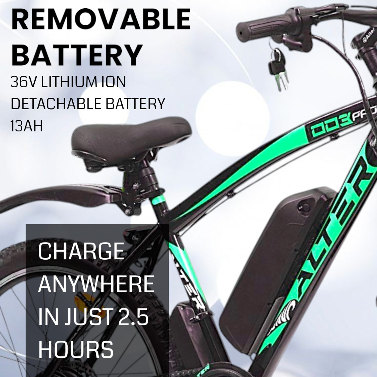 Image of ALTER 26 inch 003 PRO MODEL ELECTRIC CYCLE| REMOVABLE LI-ION BATTERY | 95% PRE-ASSEMBLED 26 inches Single Speed Lithium-ion (Li-ion) Electric Cycle