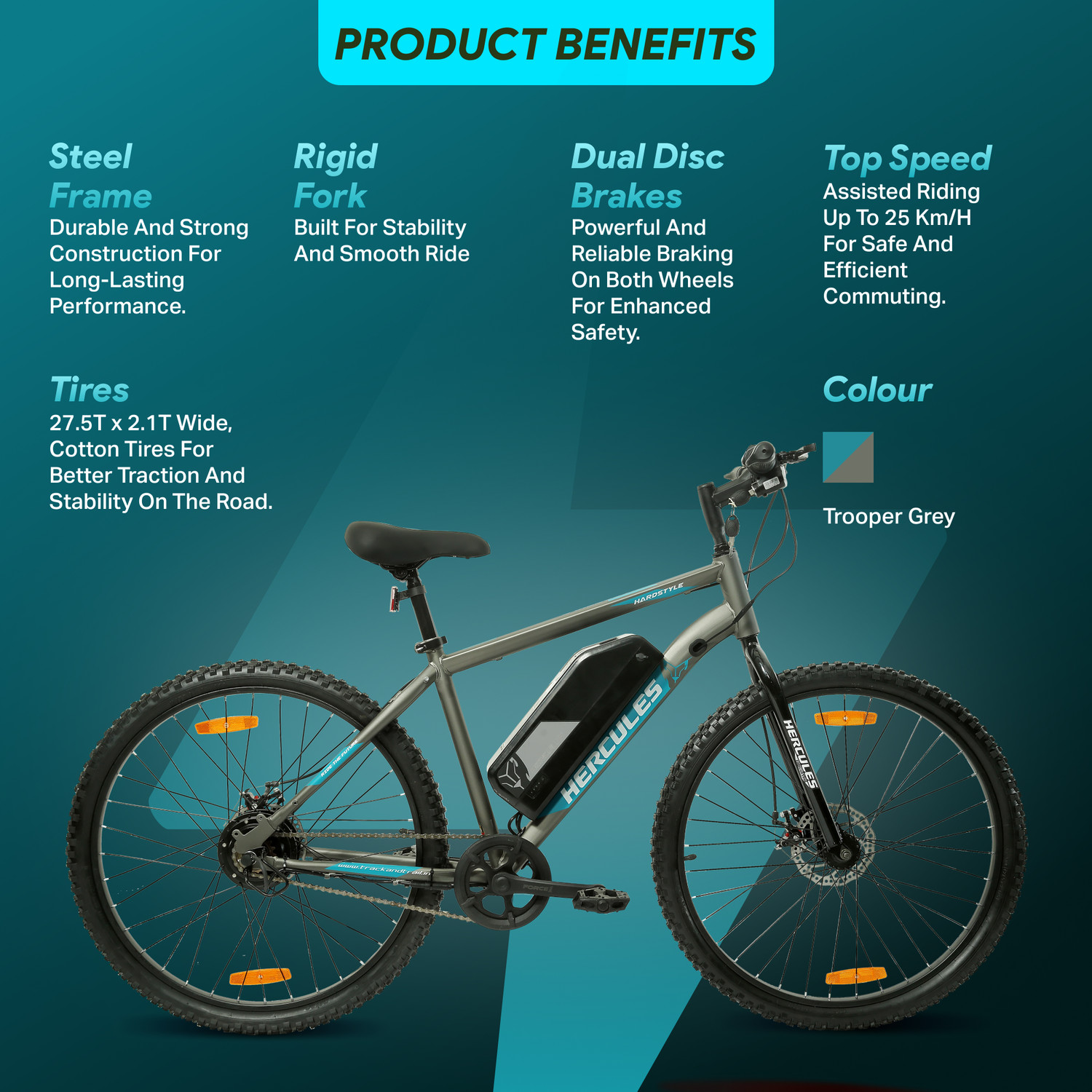 Image of HERCULES Hardstyle 27.5 X 18 trooper grey 27.5 inches Single Speed Lithium Iron Phosphate Electric Cycle