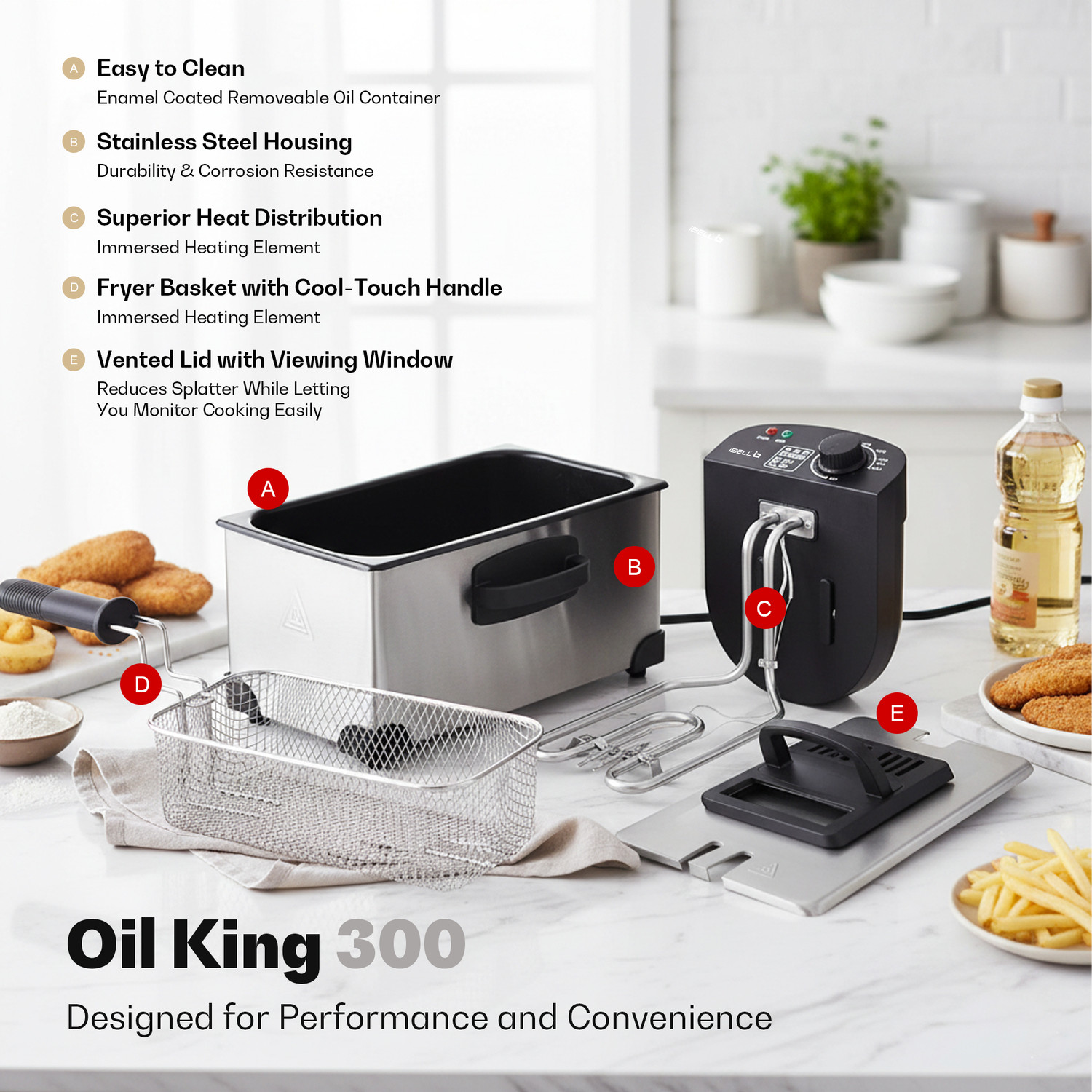 Image of iBELL OILKING300 Adjustable Temperature Control 2000W Single Tank With Lid 3 L Electric Deep Fryer