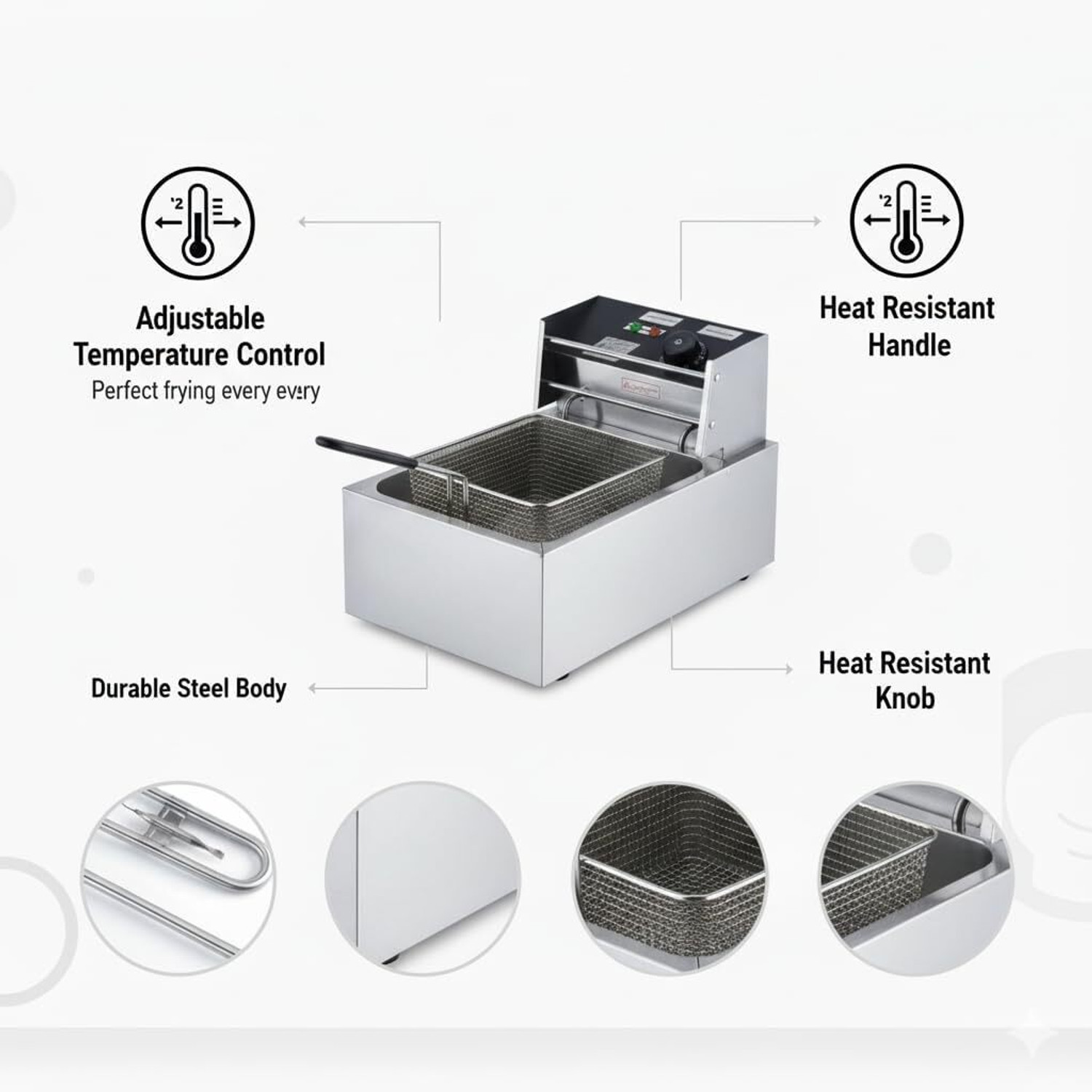 Image of KHUSHI UDYOG Stainless Steel Single Tank Basket Lid Temperature Control 6 L Electric Deep Fryer
