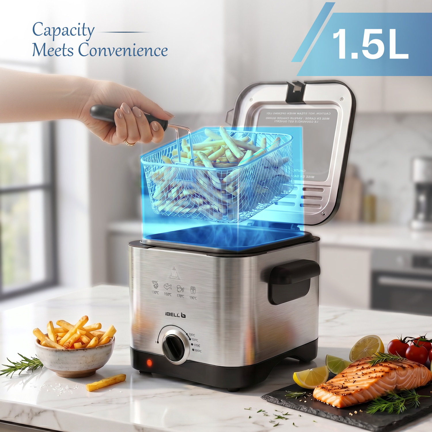 Image of iBELL DF150M Deep Fryer 1.5 Litre for Home, 1500W, 4 Cooking Presets, Stainless Steel 1.5 L Electric Deep Fryer