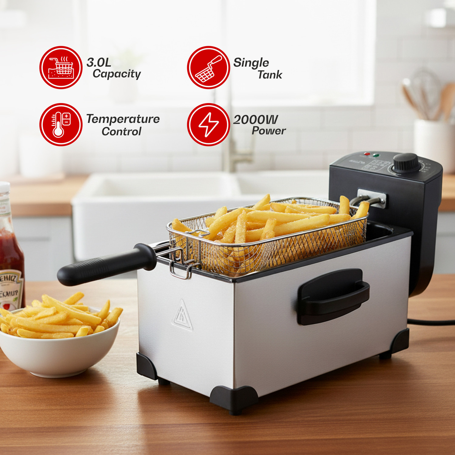 Image of iBELL OILKING300 Adjustable Temperature Control 2000W Single Tank With Lid 3 L Electric Deep Fryer
