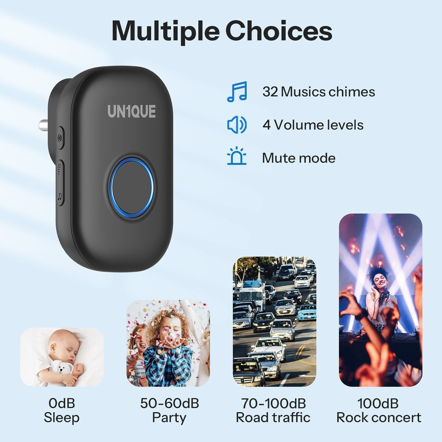 Image of UN1QUE Door Chime With LED Light 1000FT Wireless Range, 4 Level Volume Wireless Door Chime