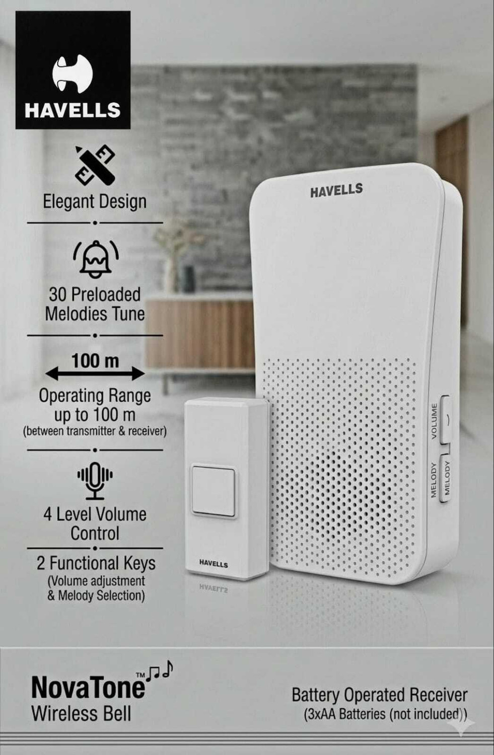 Image of HAVELLS NovaTone Wireless Door Chime ! 100% Cordless & Zero-Hassle Installation Wireless Door Chime