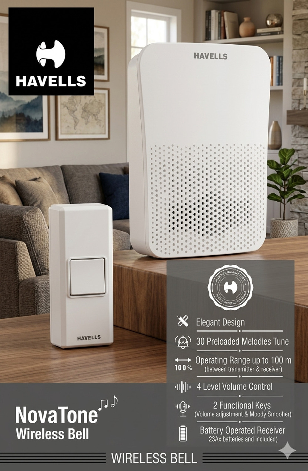 Image of HAVELLS NovaTone Wireless Door Chime ! 100% Cordless & Zero-Hassle Installation Wireless Door Chime