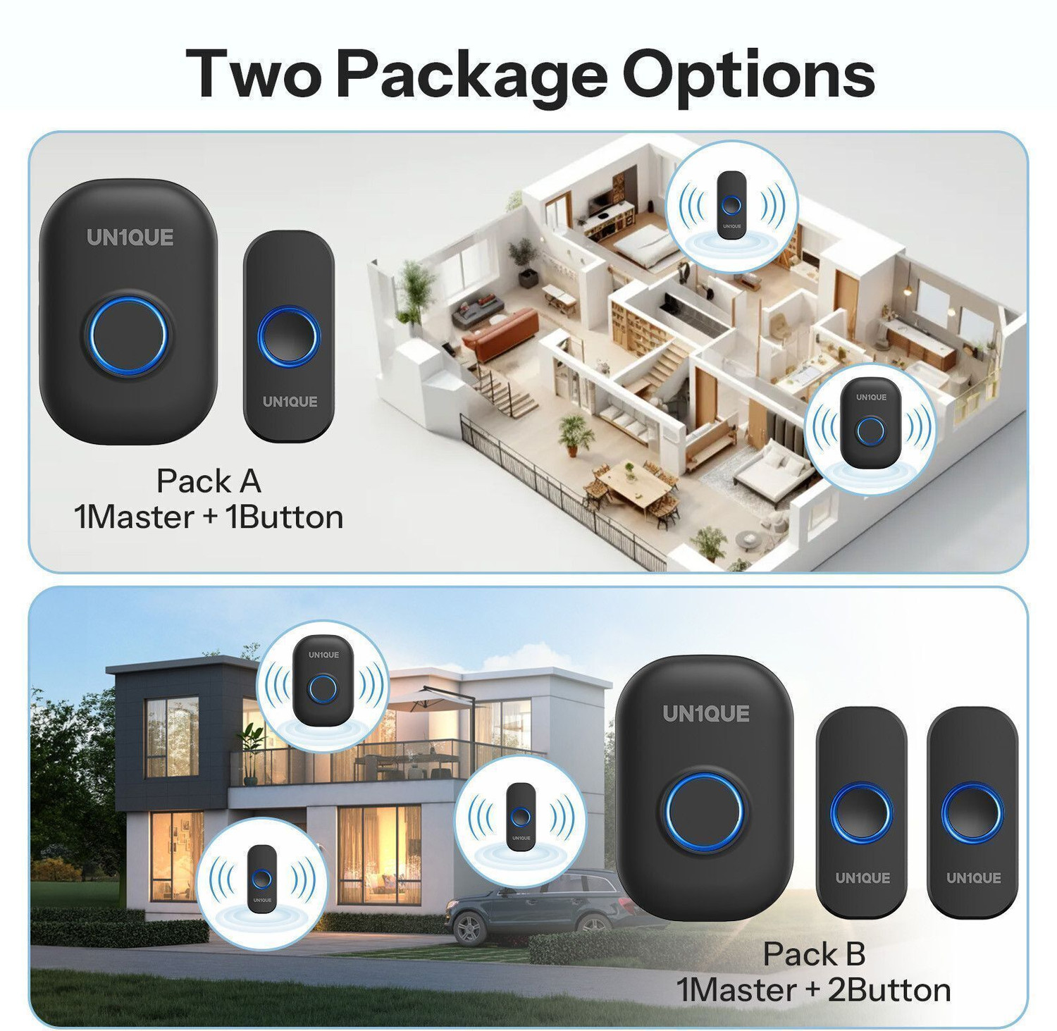 Image of UN1QUE Door Chime With LED Light 1000FT Wireless Range, 4 Level Volume Wireless Door Chime