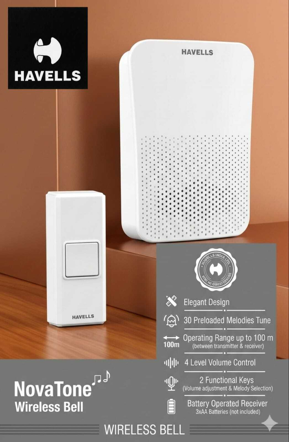Image of HAVELLS NovaTone Wireless Door Chime ! 100% Cordless & Zero-Hassle Installation Wireless Door Chime