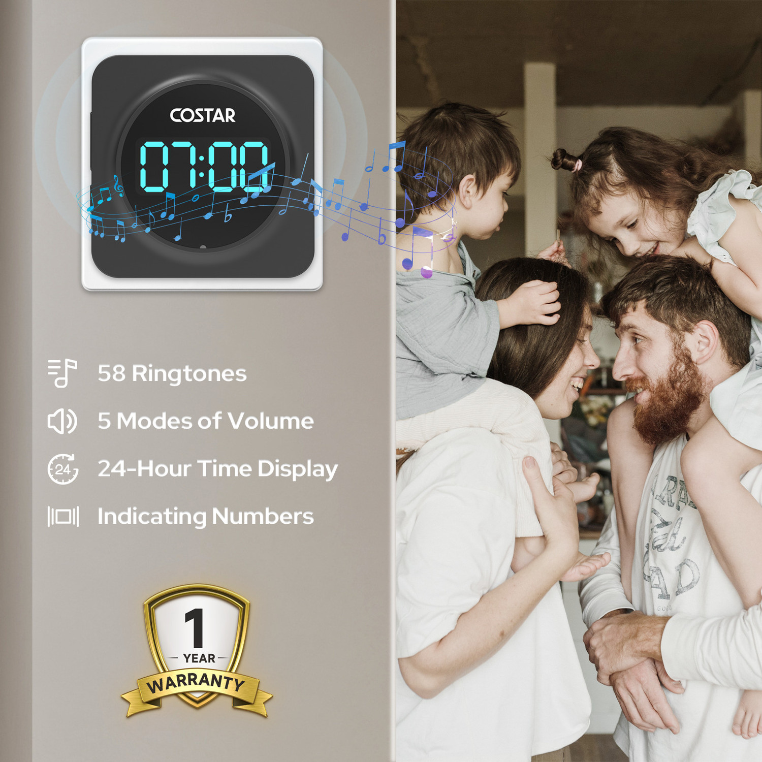 Image of Costar Electric Door bell for home with Time Display, 1000ft Range, 5 Adjustable Volume Wireless Door Chime (58 Tunes)