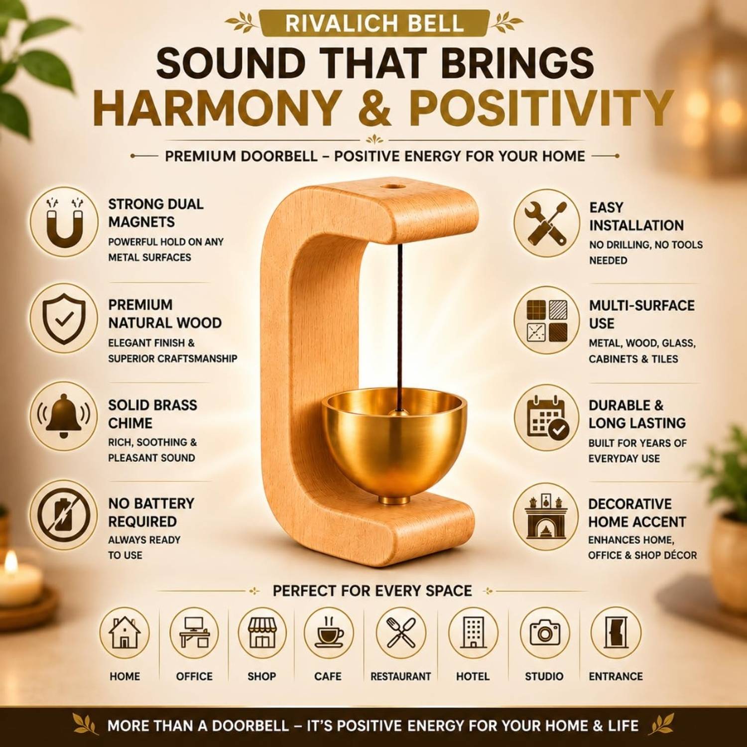 Ganesh Dham Wall Mounted Wooden Decorative Bowl Holder with Hanging Metal Accent, 1 Pcs Wireless Door Chime