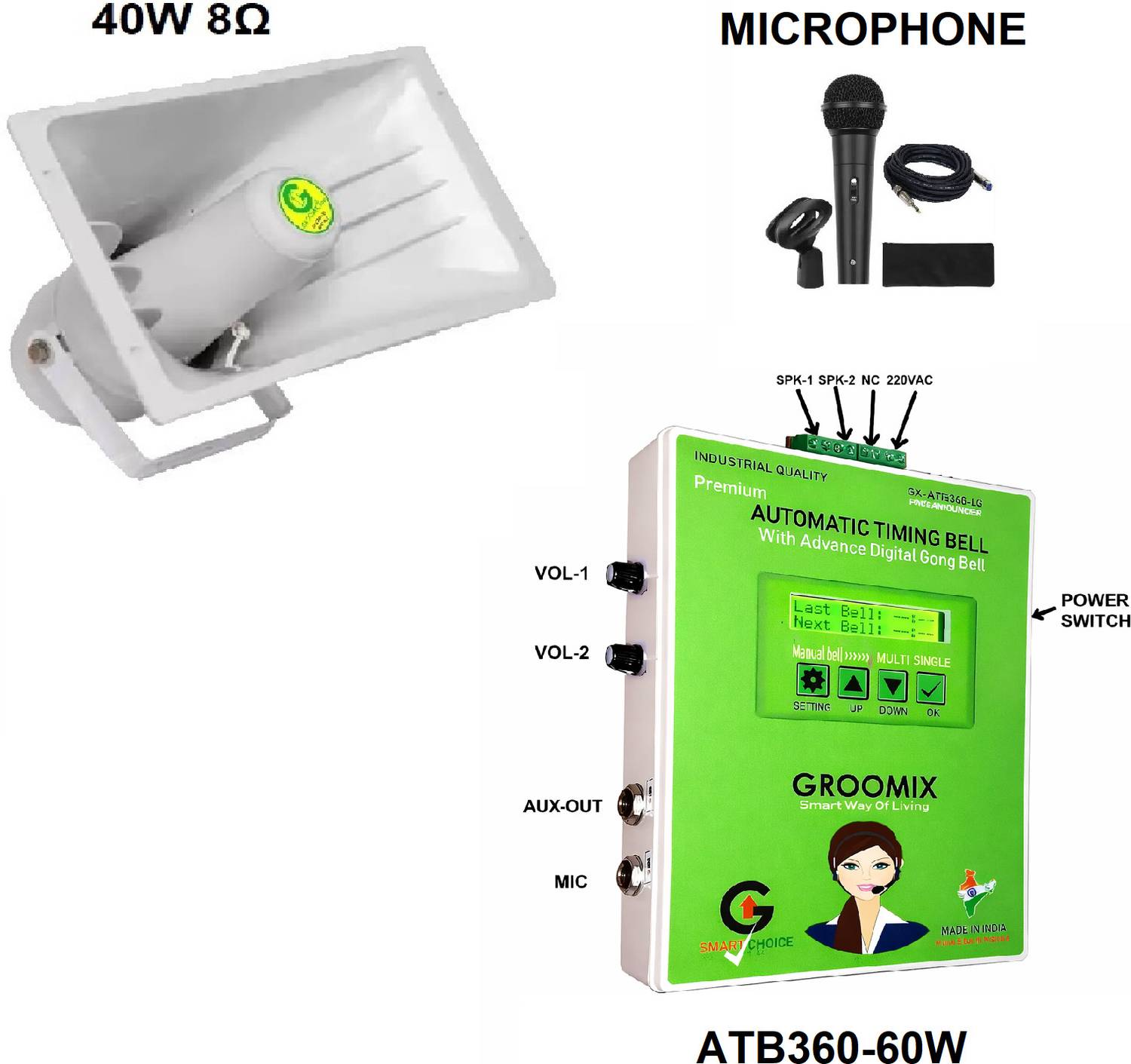 groomix GROOMIX Automatic timely Announcement system school bell with loudspeakers & MIC Wired Door Chime